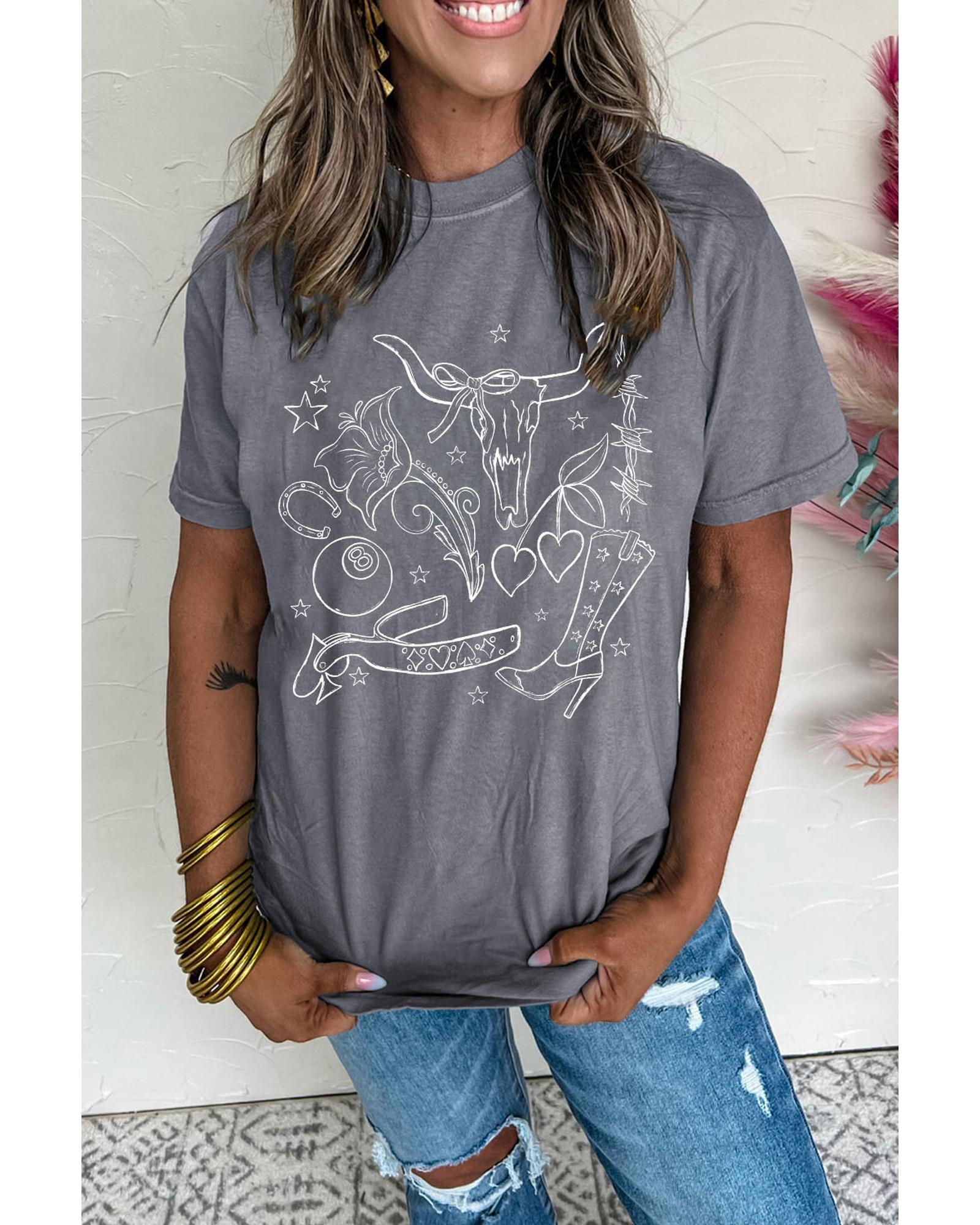 Gray Cowgirl Boots OX Head Western Fashion Print Crewneck Tee - M