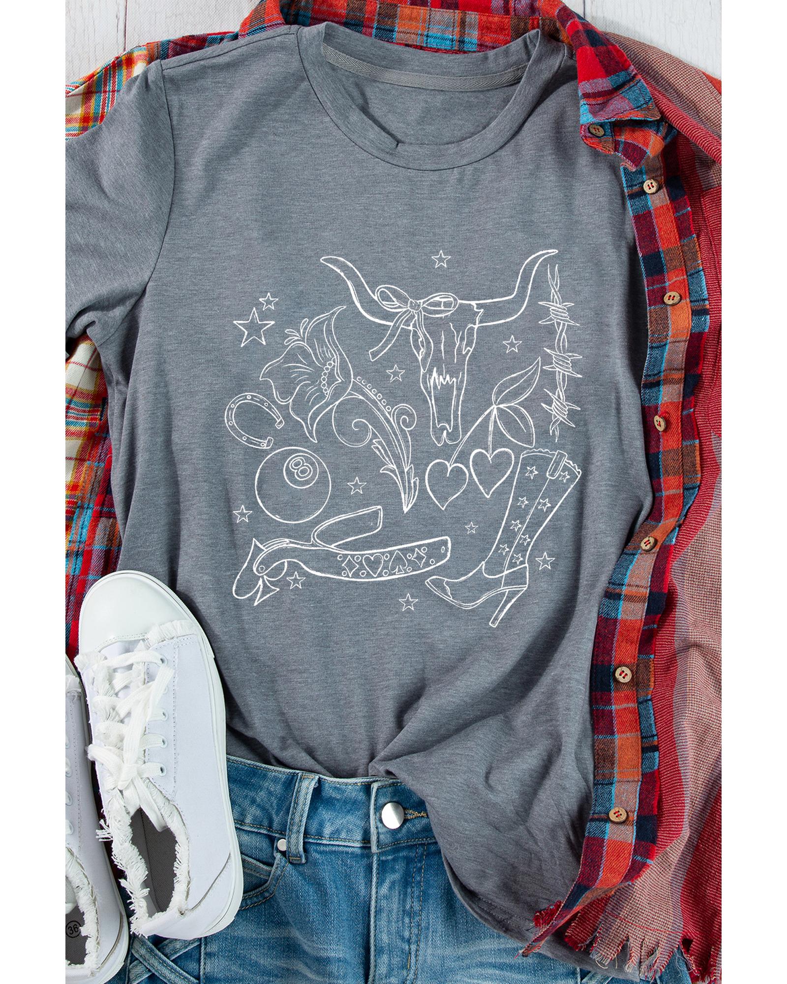 Gray Cowgirl Boots OX Head Western Fashion Print Crewneck Tee - S