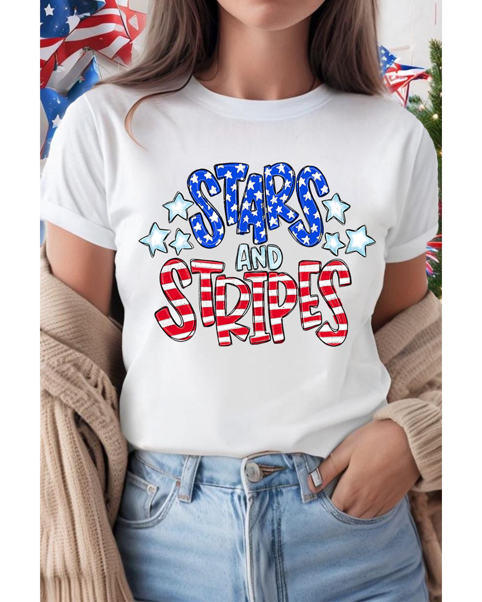 White Stars and Stripes Round Neck Graphic T Shirt - M