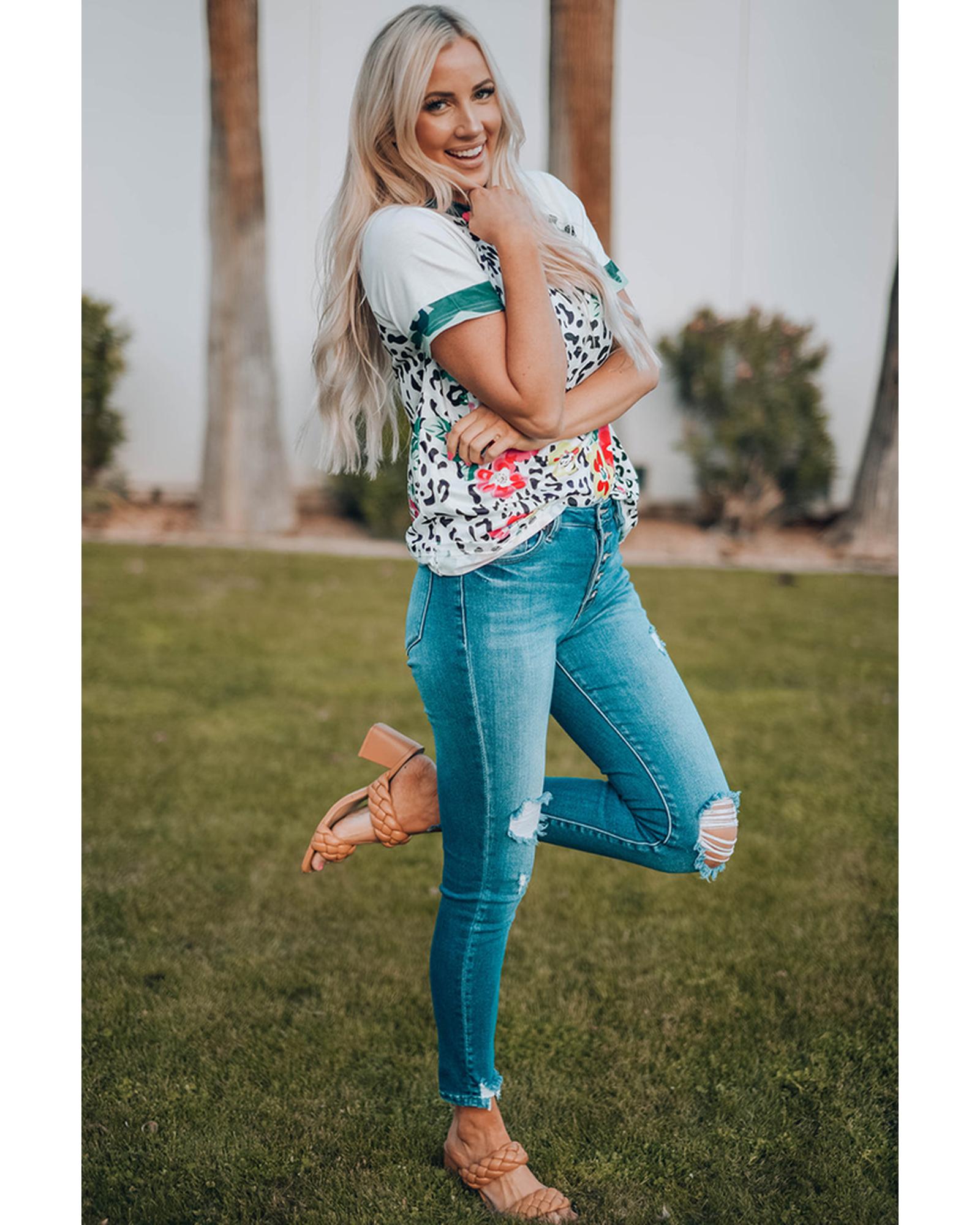 Azura Exchange Floral Camouflage Raglan Sleeve T-shirt - S