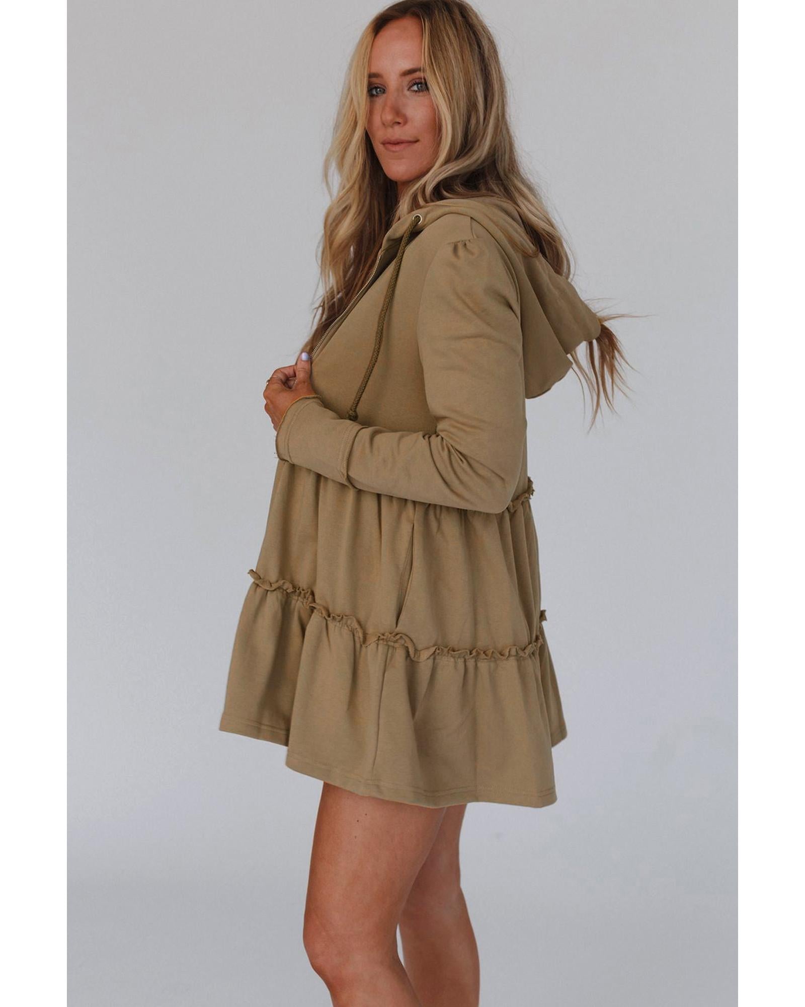Khaki Tiered Ruffled Zip-Up Drawstring Hooded Jacket - S