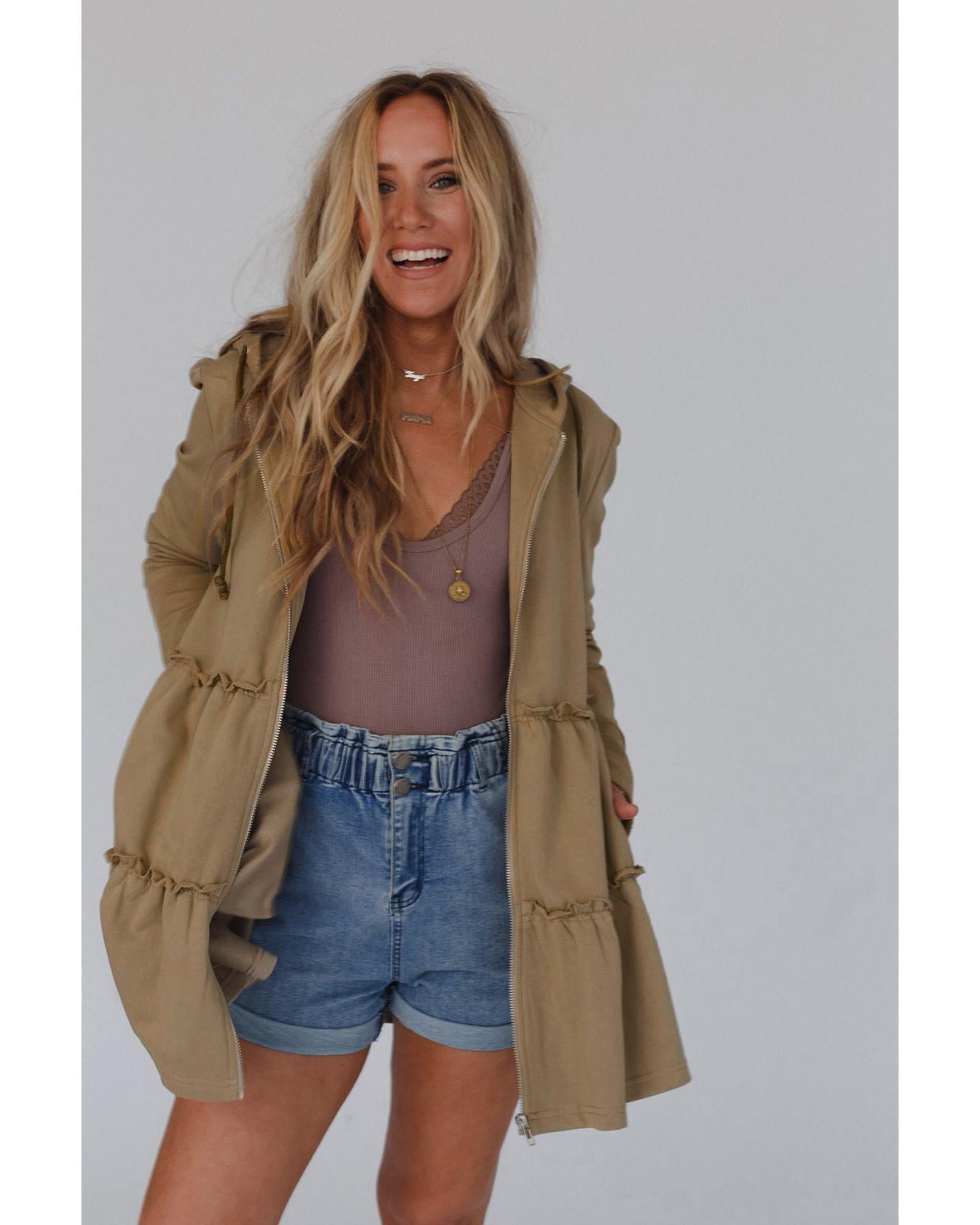 Khaki Tiered Ruffled Zip-Up Drawstring Hooded Jacket - S