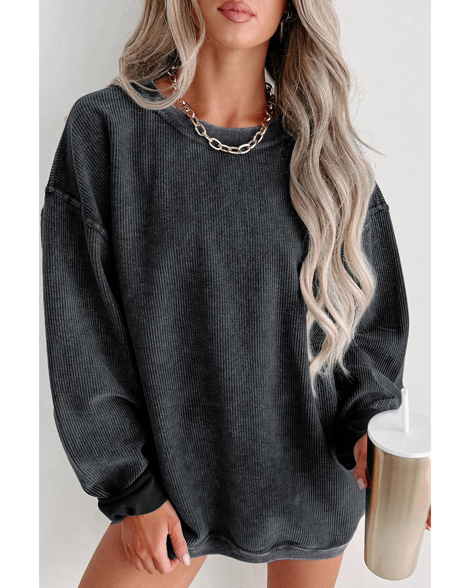 Black Solid Ribbed Knit Round Neck Pullover Sweatshirt - S