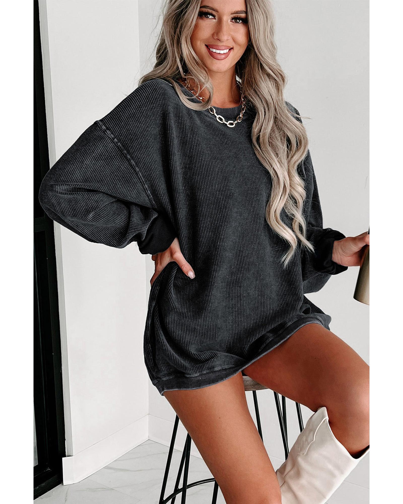 Black Solid Ribbed Knit Round Neck Pullover Sweatshirt - S