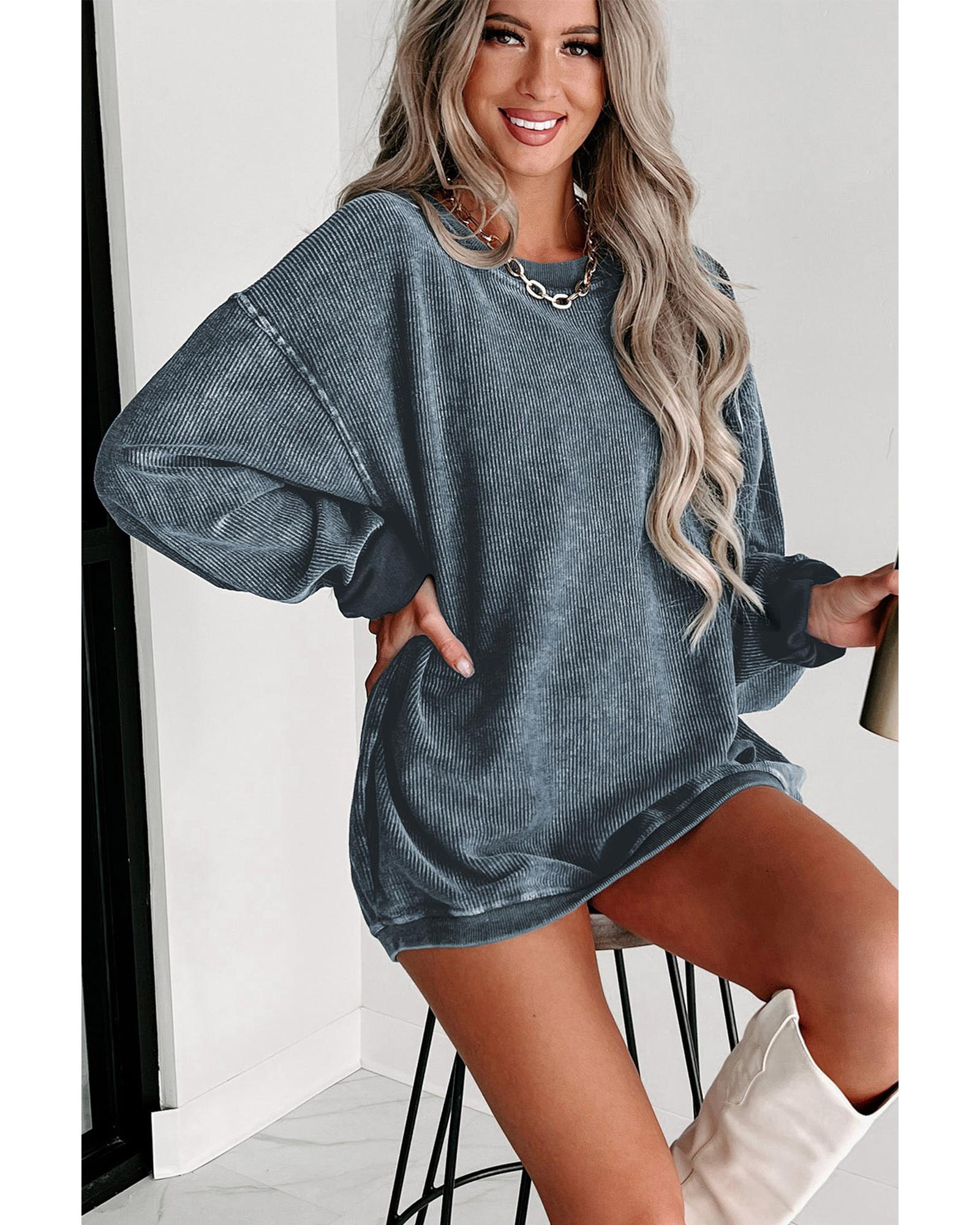 Blue Solid Ribbed Knit Round Neck Pullover Sweatshirt - L