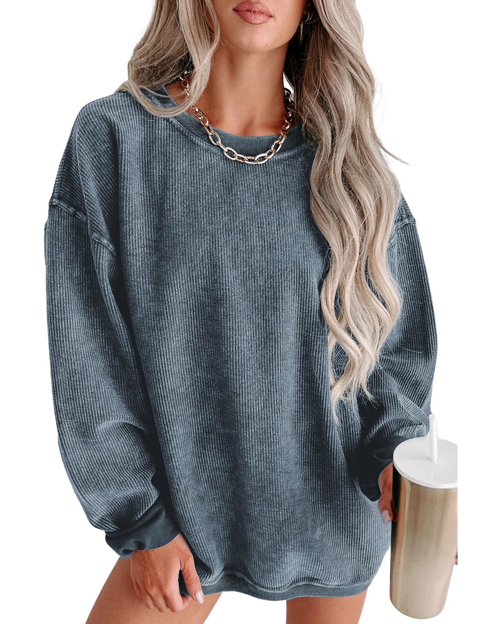 Blue Solid Ribbed Knit Round Neck Pullover Sweatshirt - L