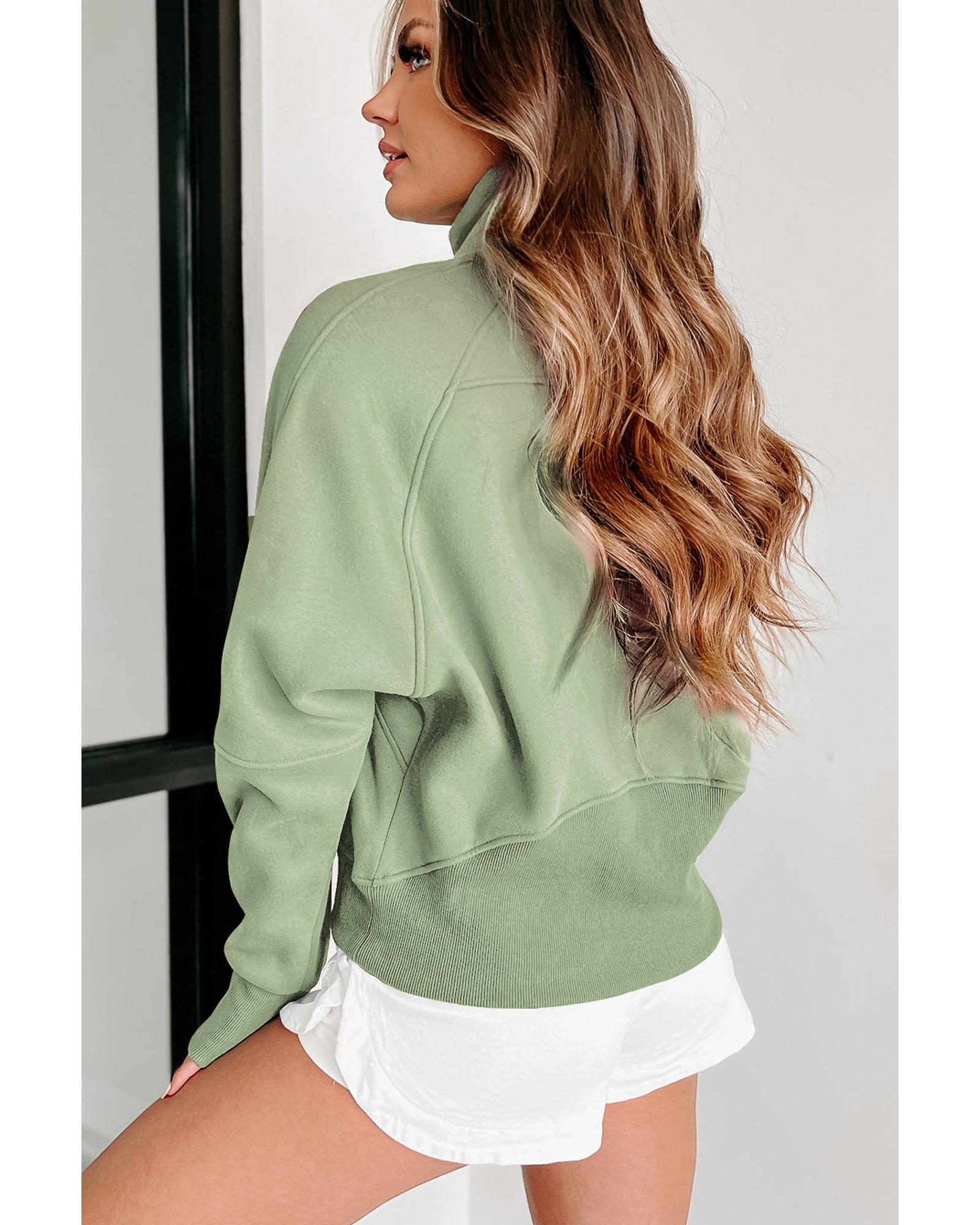 Smoke Green Fleece Lined Zip Up Stand Collar Thumbhole Sleeve Sweatshirt - XL