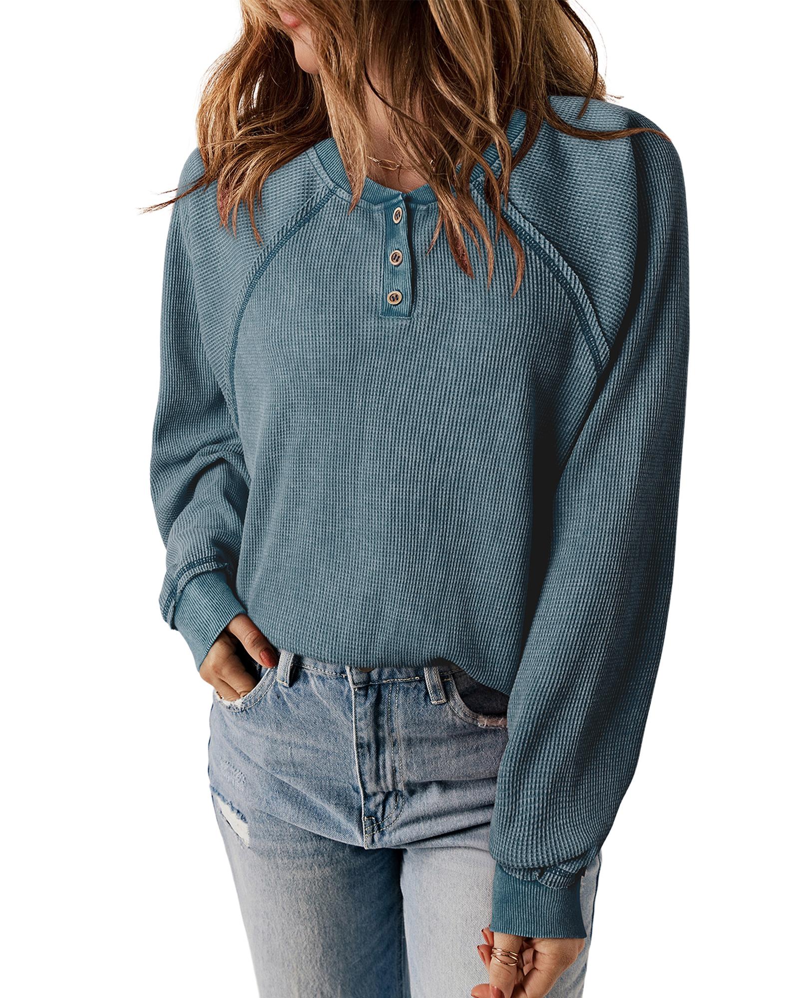 Sea Green Waffle Knit Raglan Sleeve Henley Sweatshirt - XL