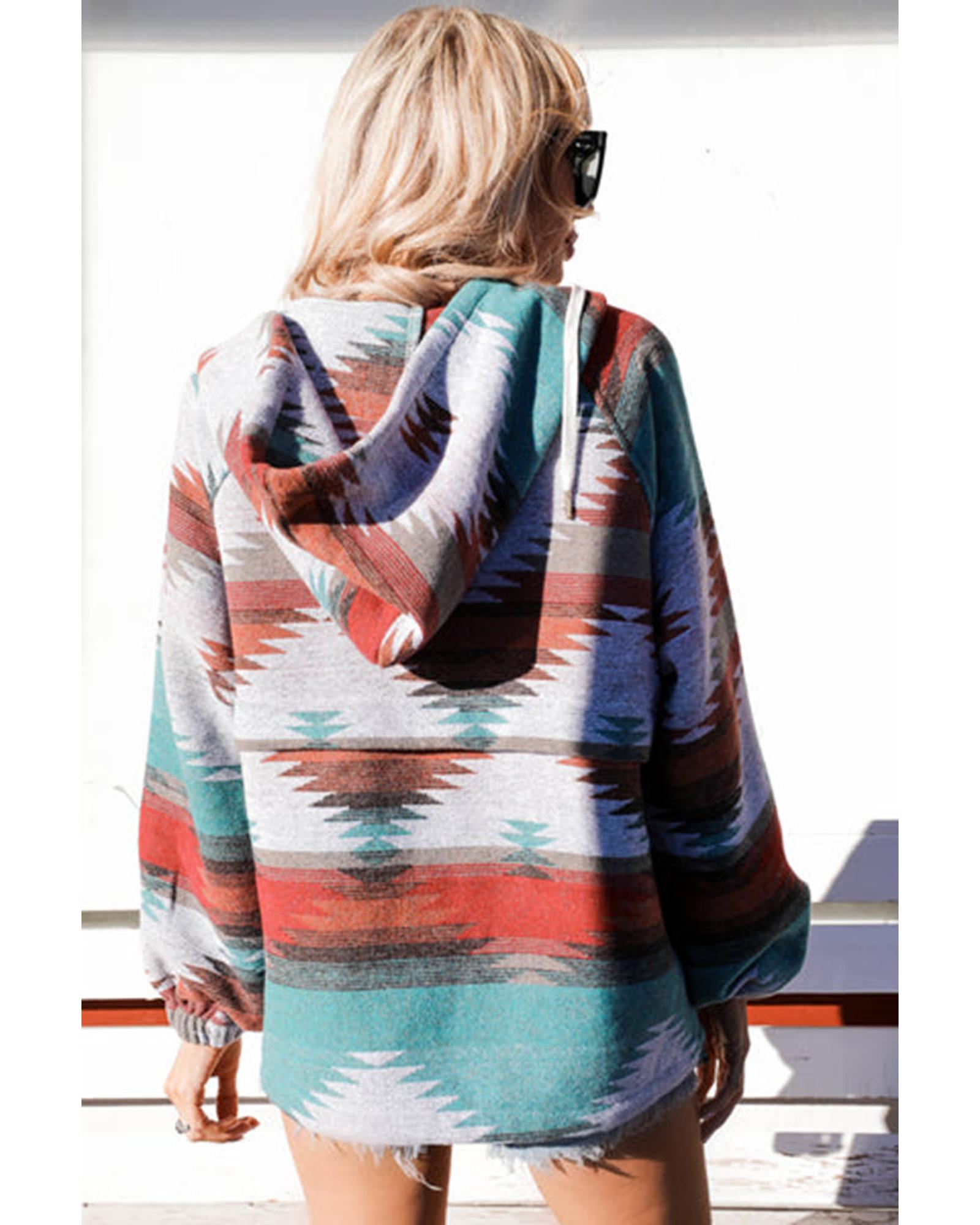Multicolor Aztec Print Zipped Split Neck Hoodie - S