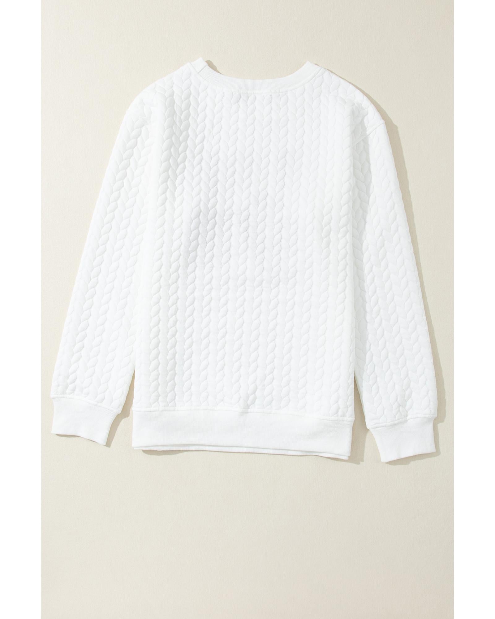 White LOVE Chenille Embroidered Cable Knit Pullover Sweatshirt - L