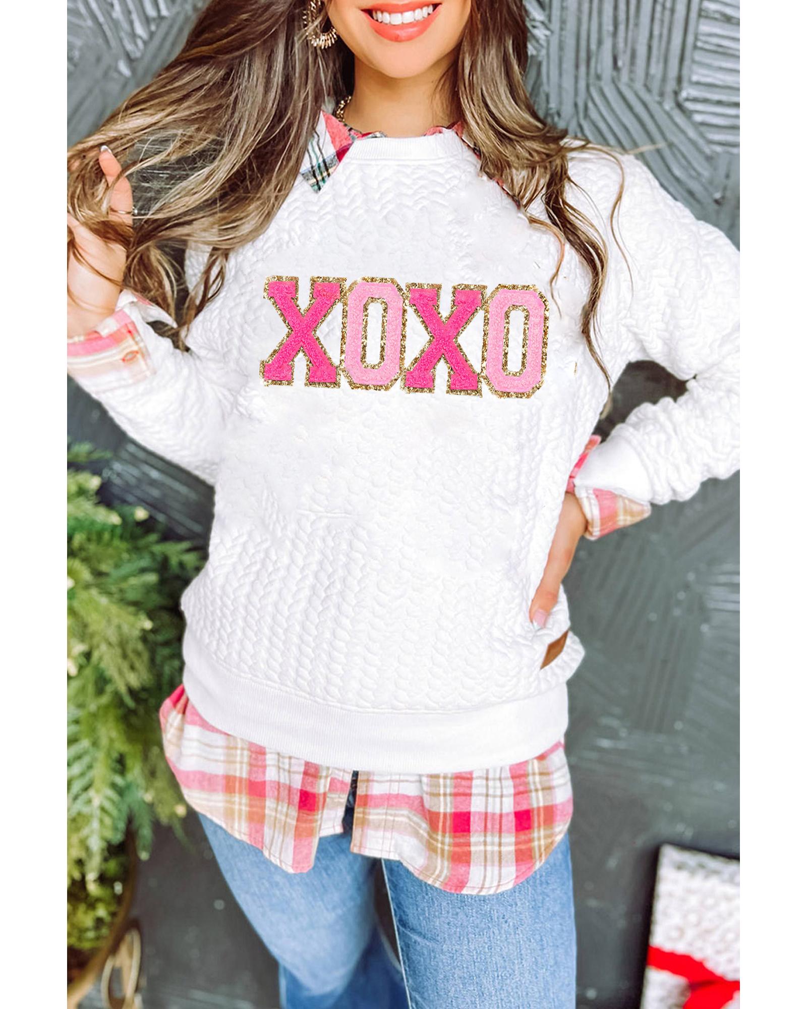 White XOXO Glitter Chenille Cable Knit Pullover Sweatshirt - M
