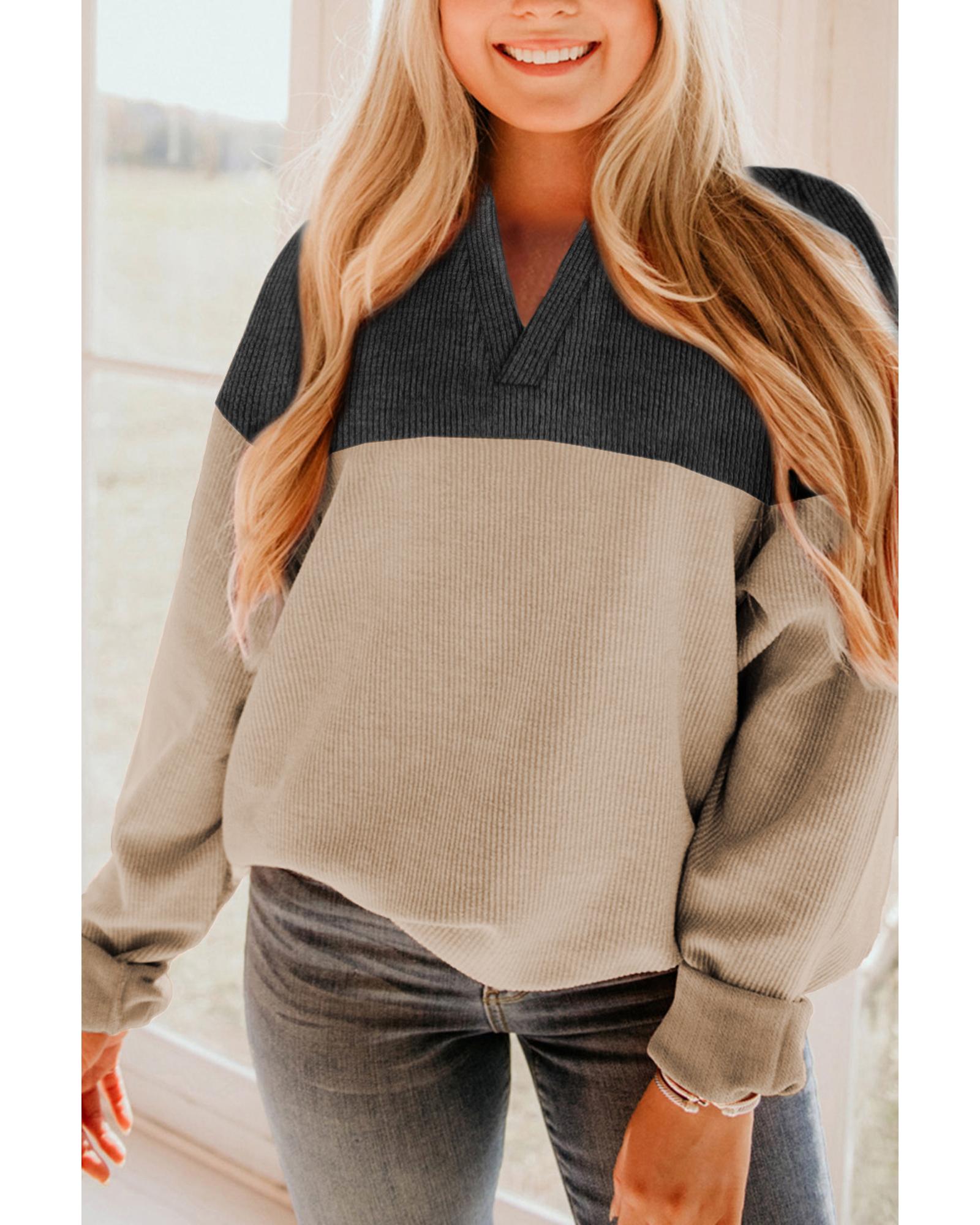 Carbon Grey Notched Neck Colorblock Corded Sweatshirt - L