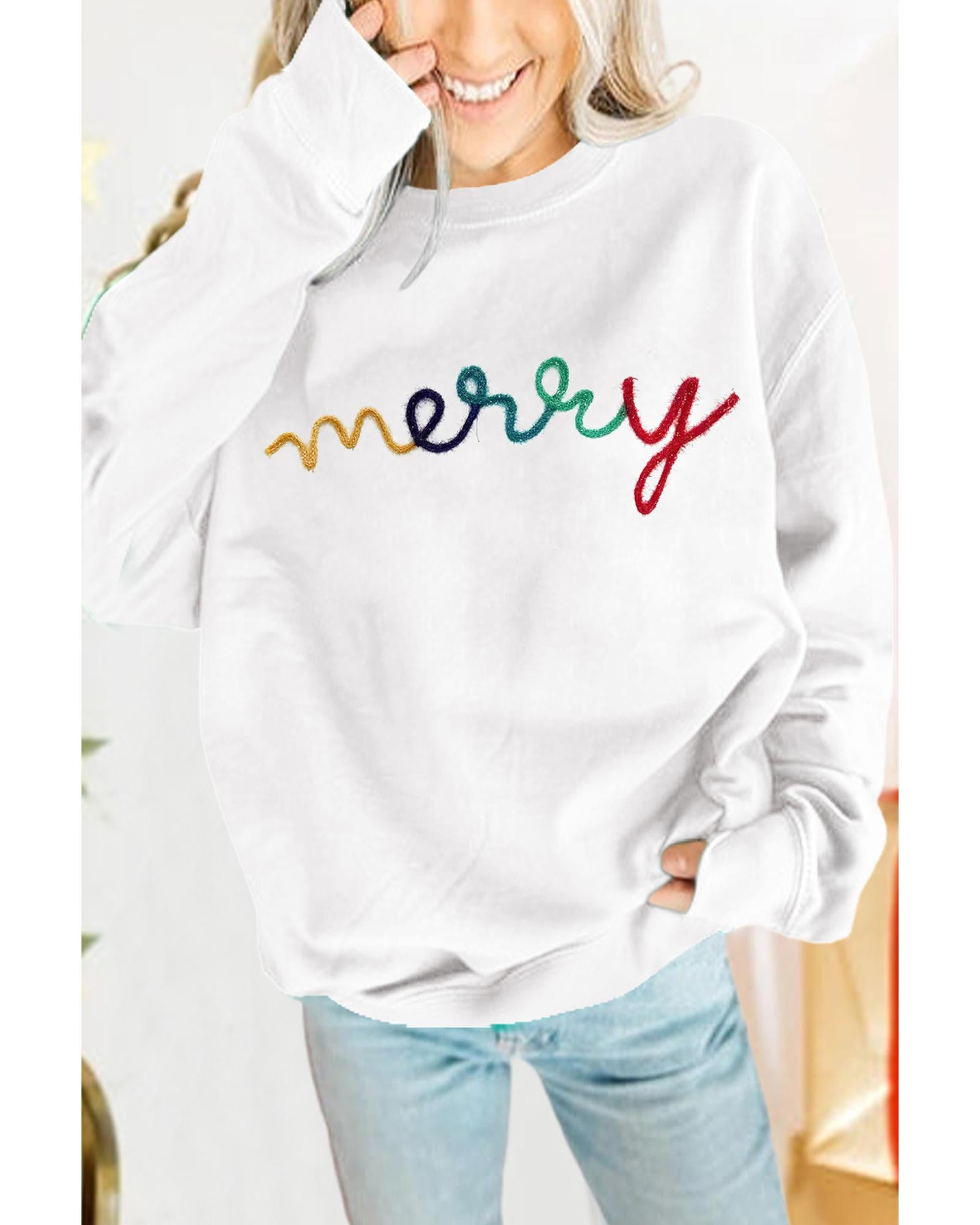 White MERRY Graphic Pullover Sweatshirt - M