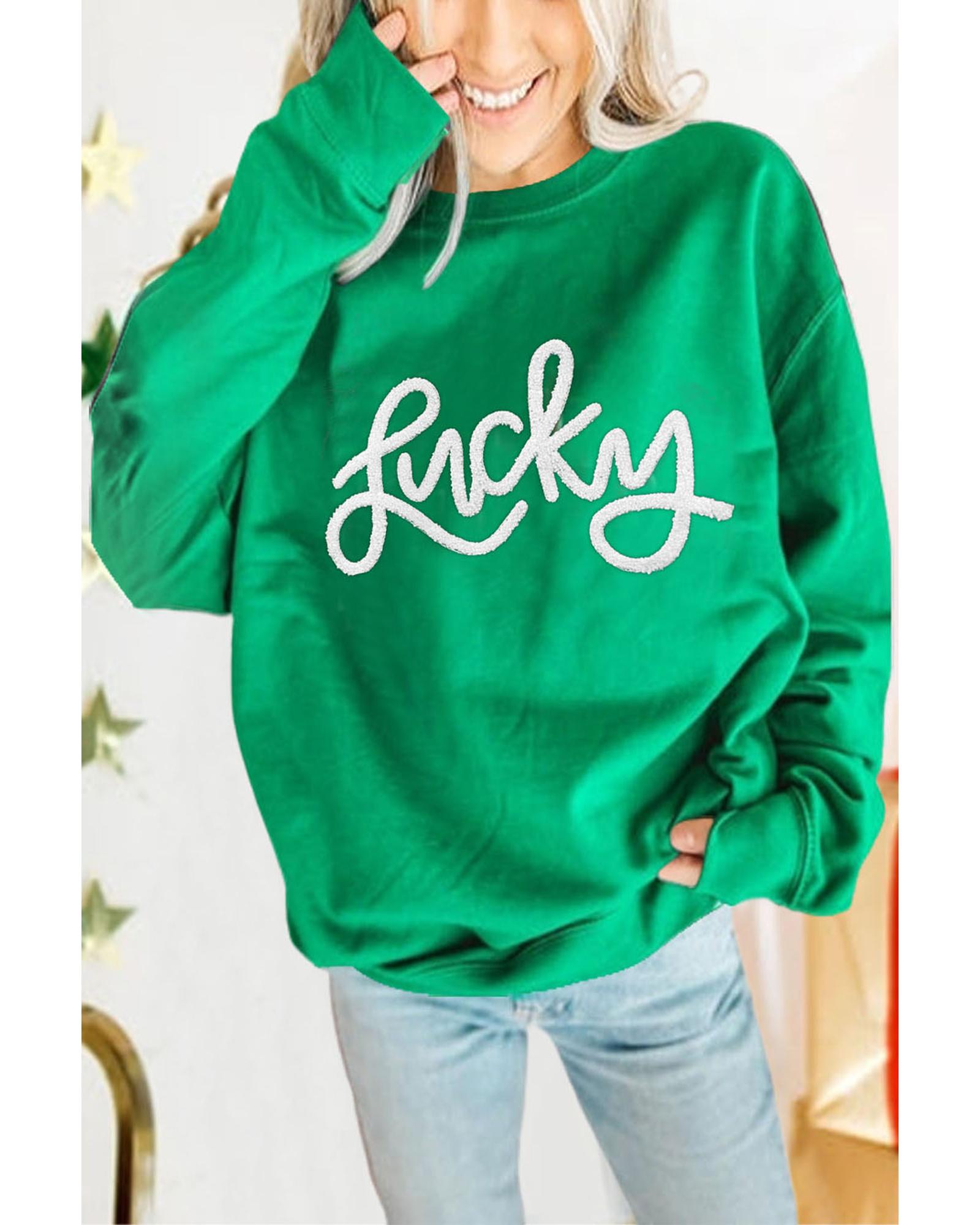 Green LUCKY Aphabet Chenille Embroidered Pullover Sweatshirt - S