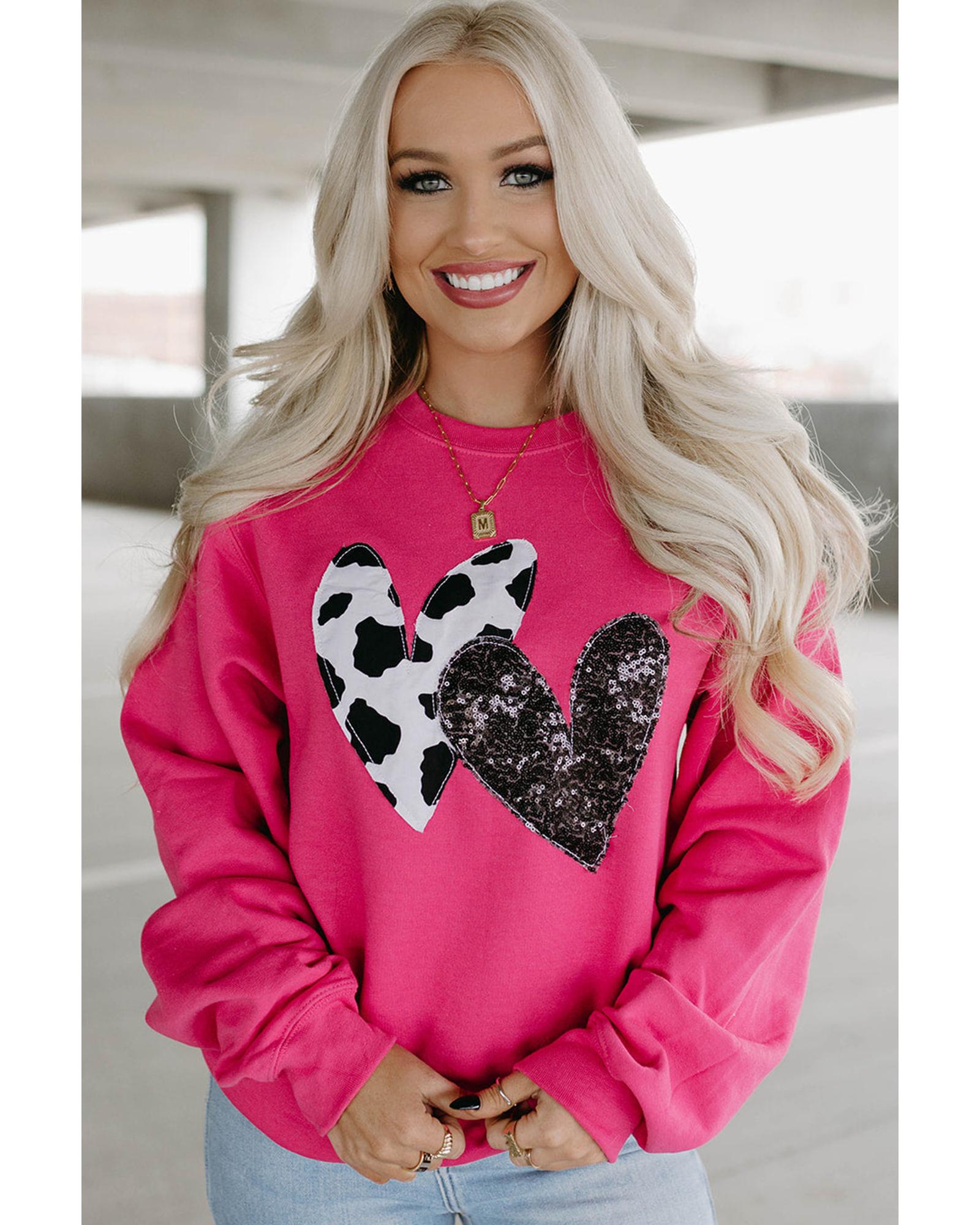 Strawberry Pink Cow & Sequin Double Heart Patch Graphic Sweatshirt - L