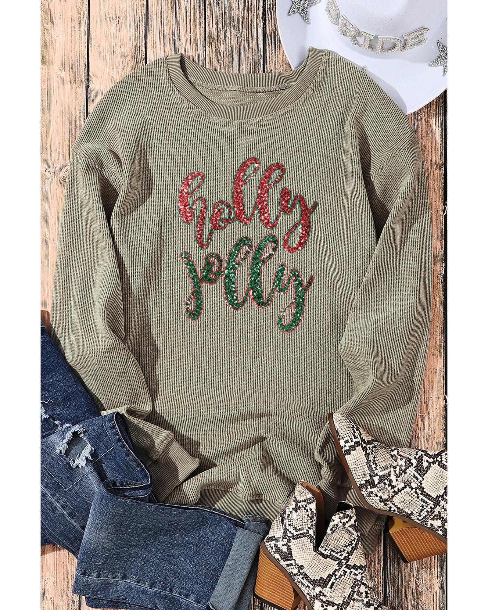 Green Sequined holly jolly Graphic Corded Sweatshirt - S