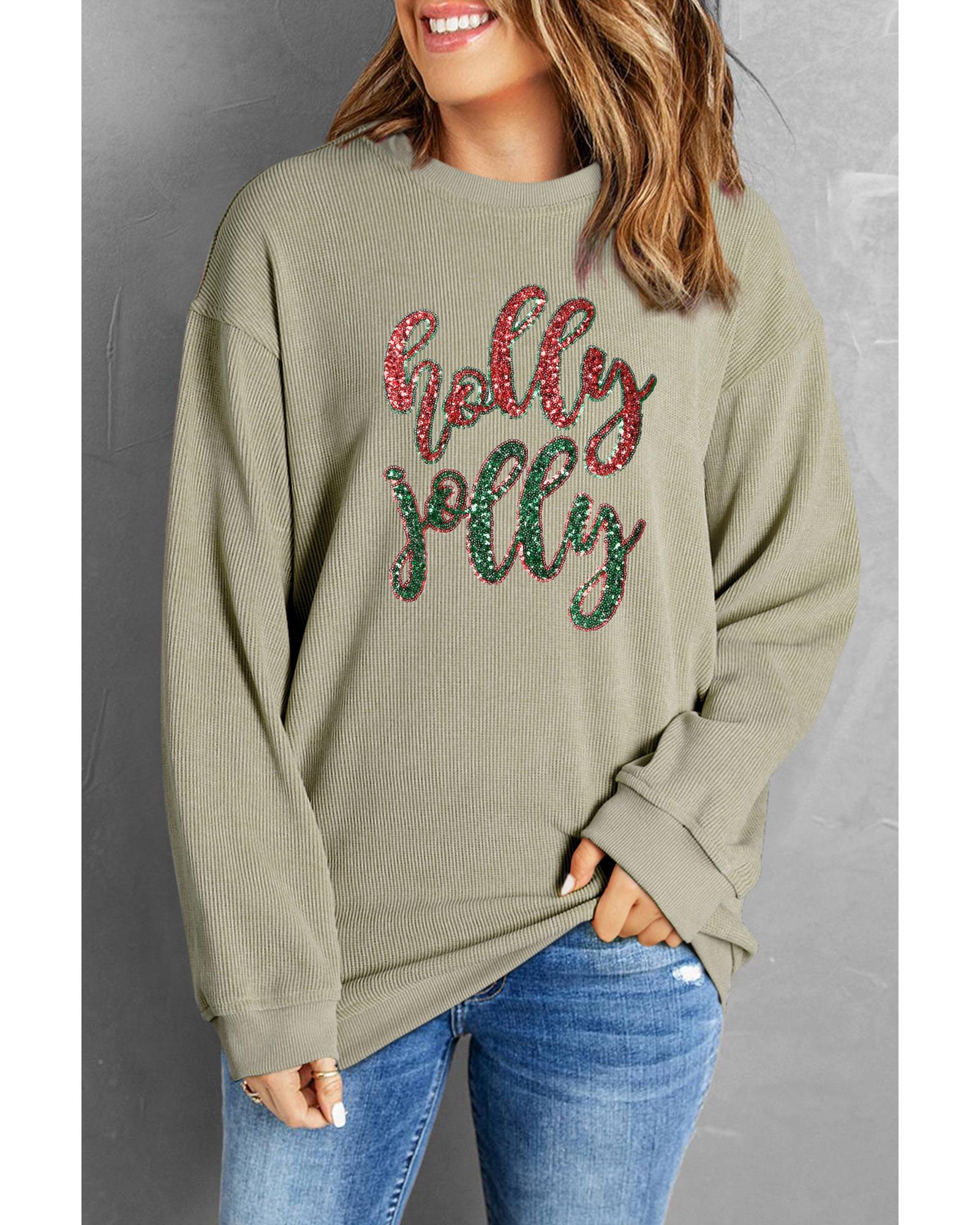 Green Sequined holly jolly Graphic Corded Sweatshirt - S