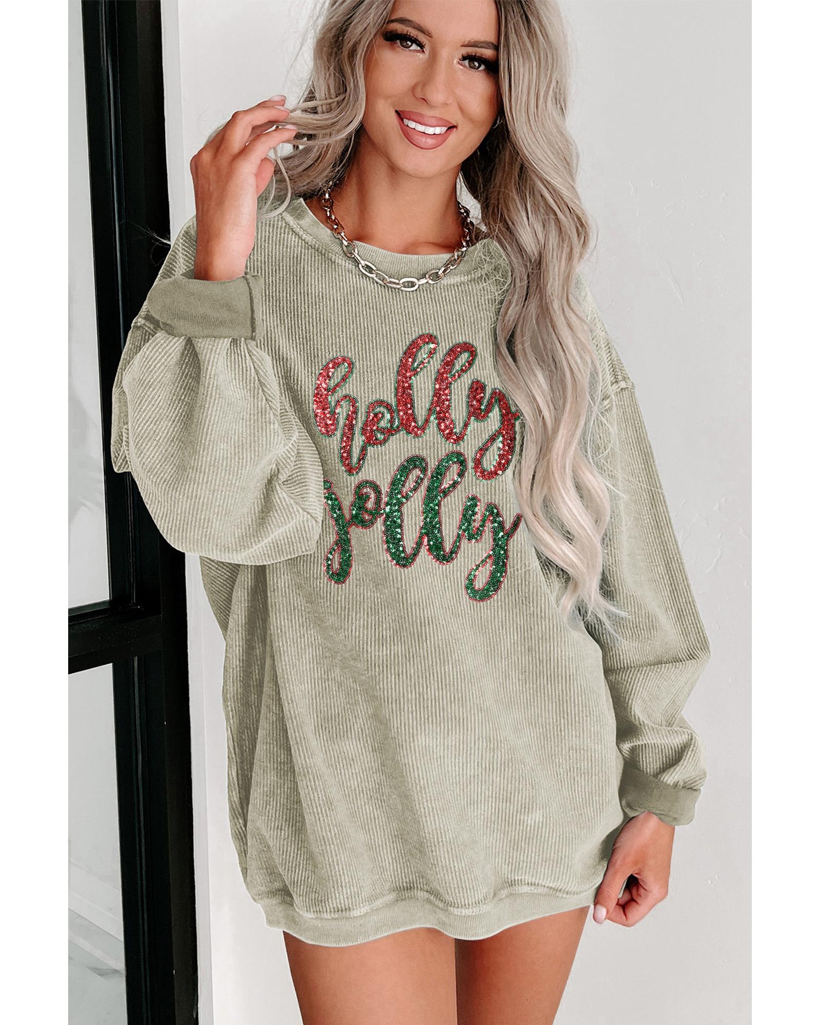 Green Sequined holly jolly Graphic Corded Sweatshirt - XL