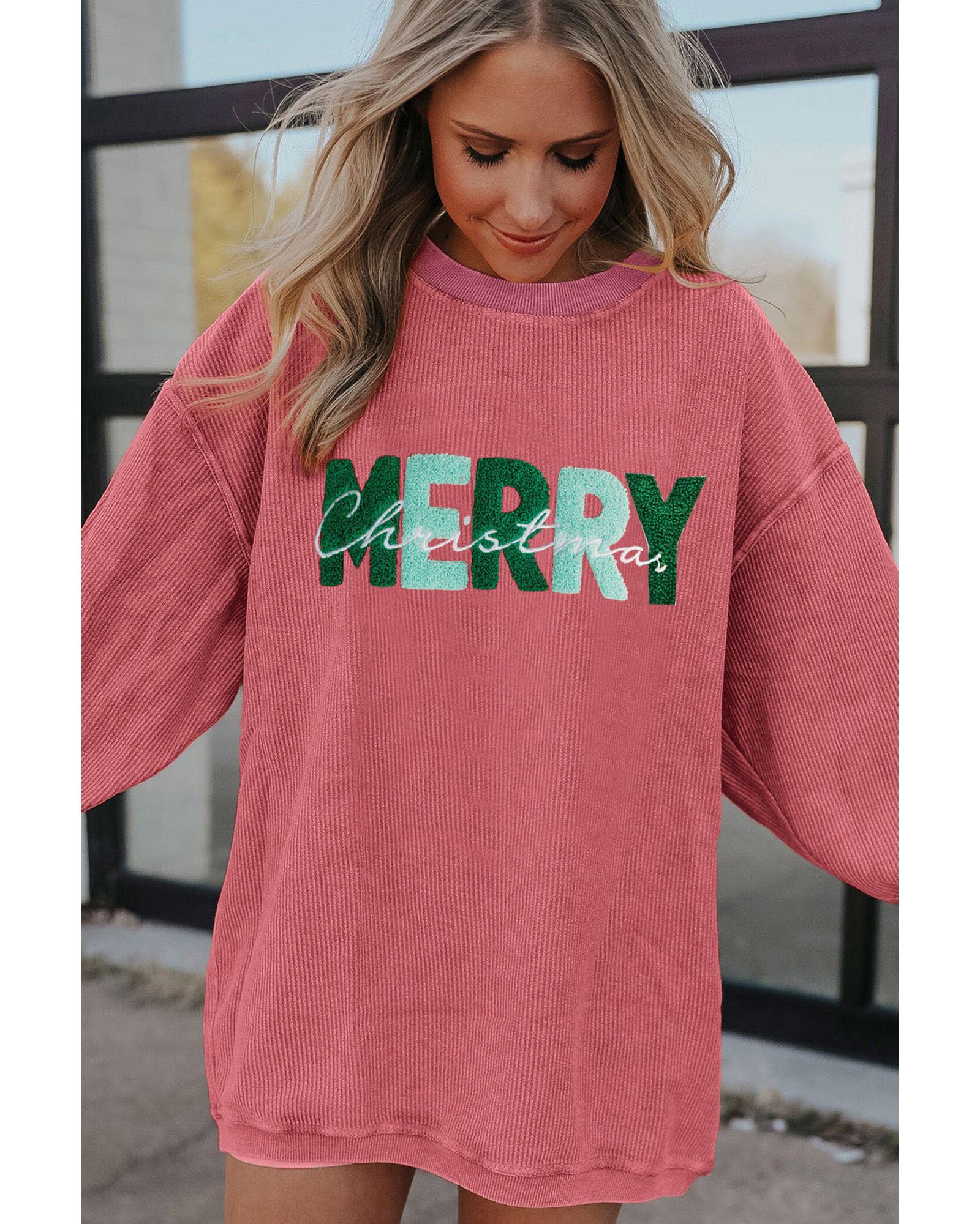 Strawberry Pink MERRY Christmas Corded Pullover Sweatshirt - L