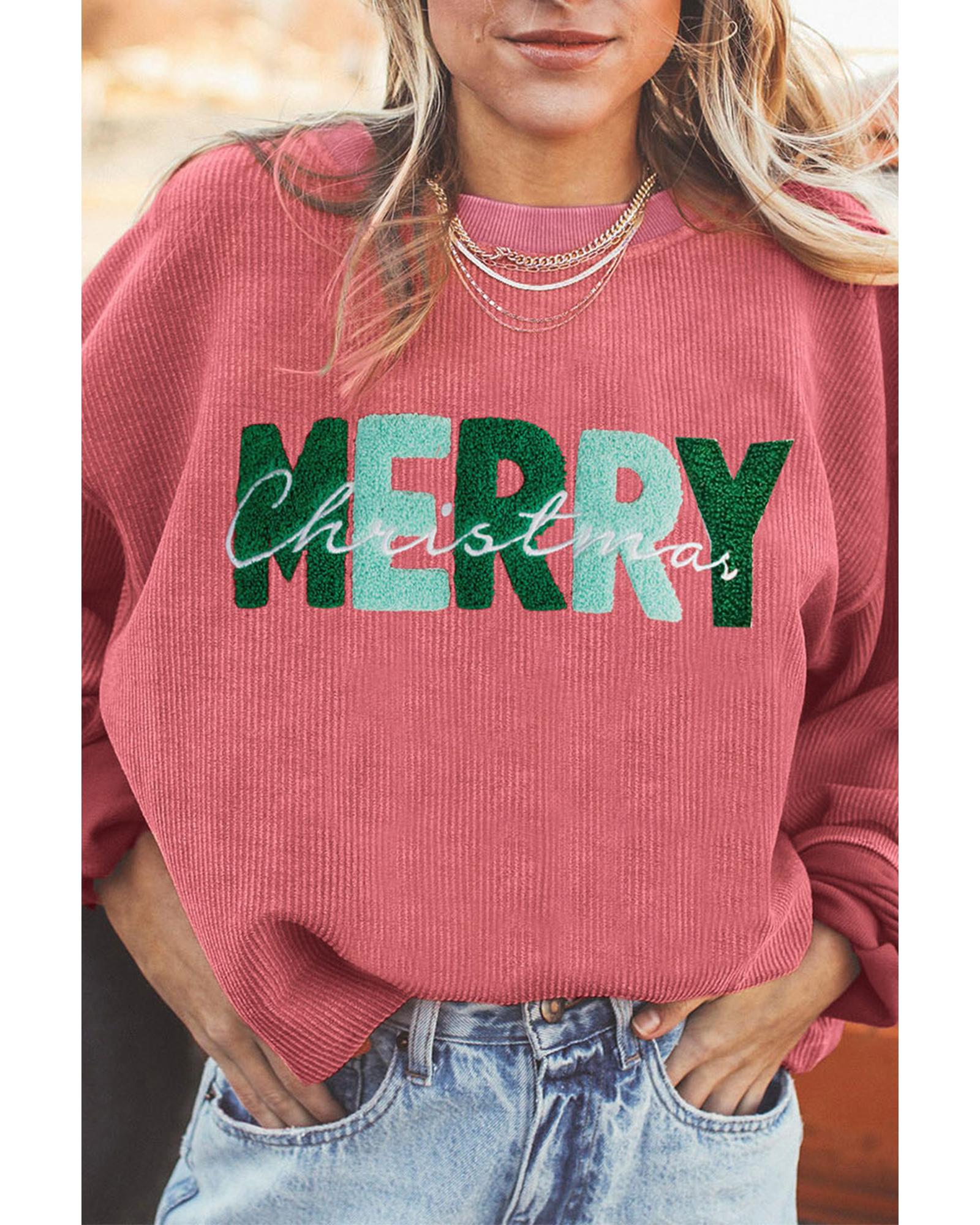Strawberry Pink MERRY Christmas Corded Pullover Sweatshirt - S