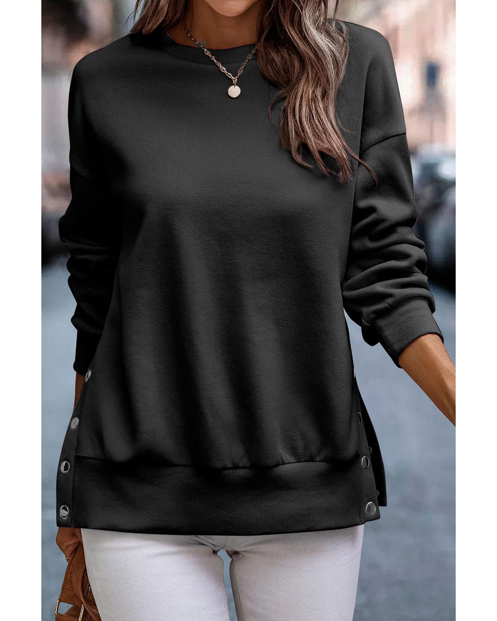 Black Snap Buttons Side Splits Pullover Sweatshirt - 2XL