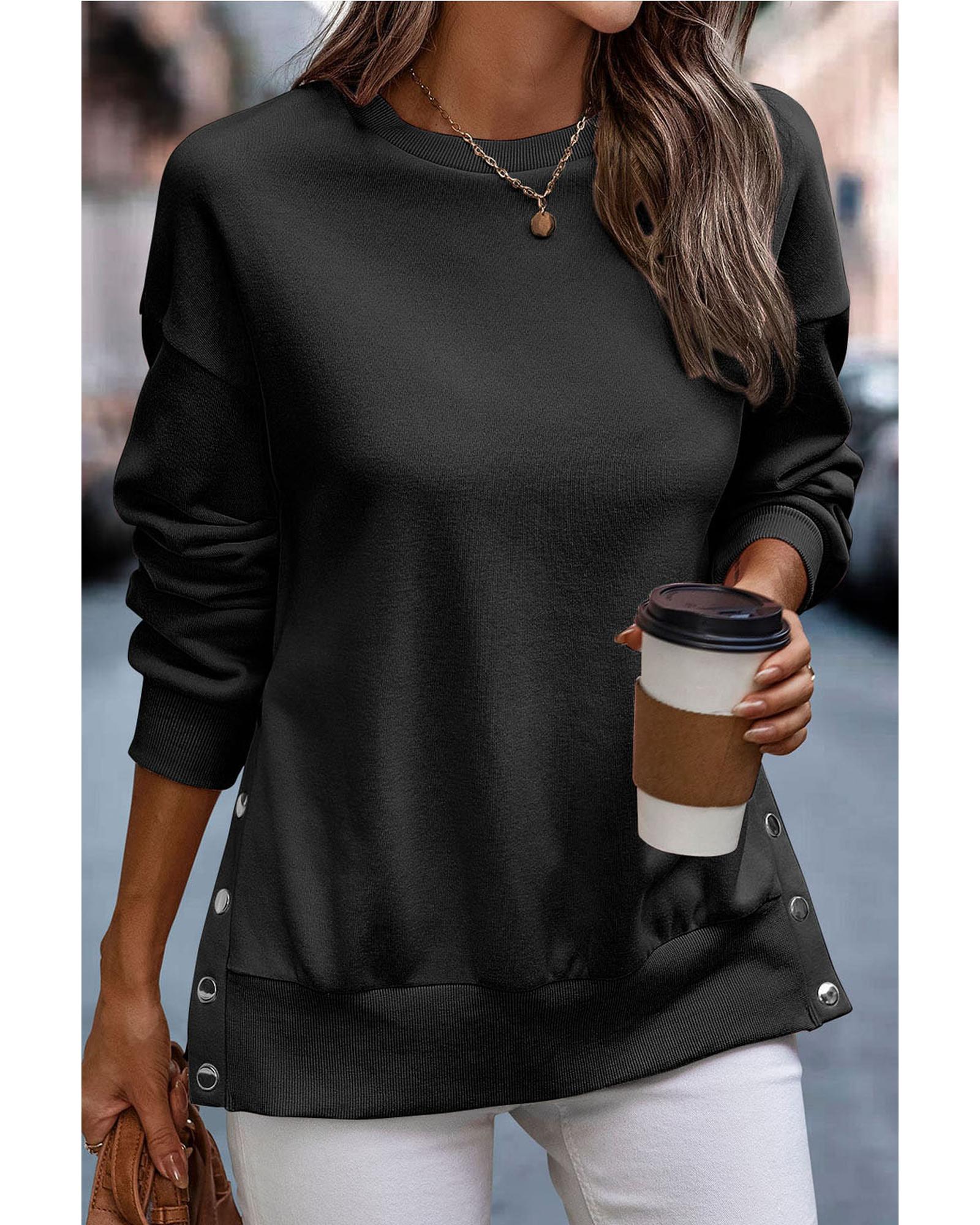 Black Snap Buttons Side Splits Pullover Sweatshirt - 2XL