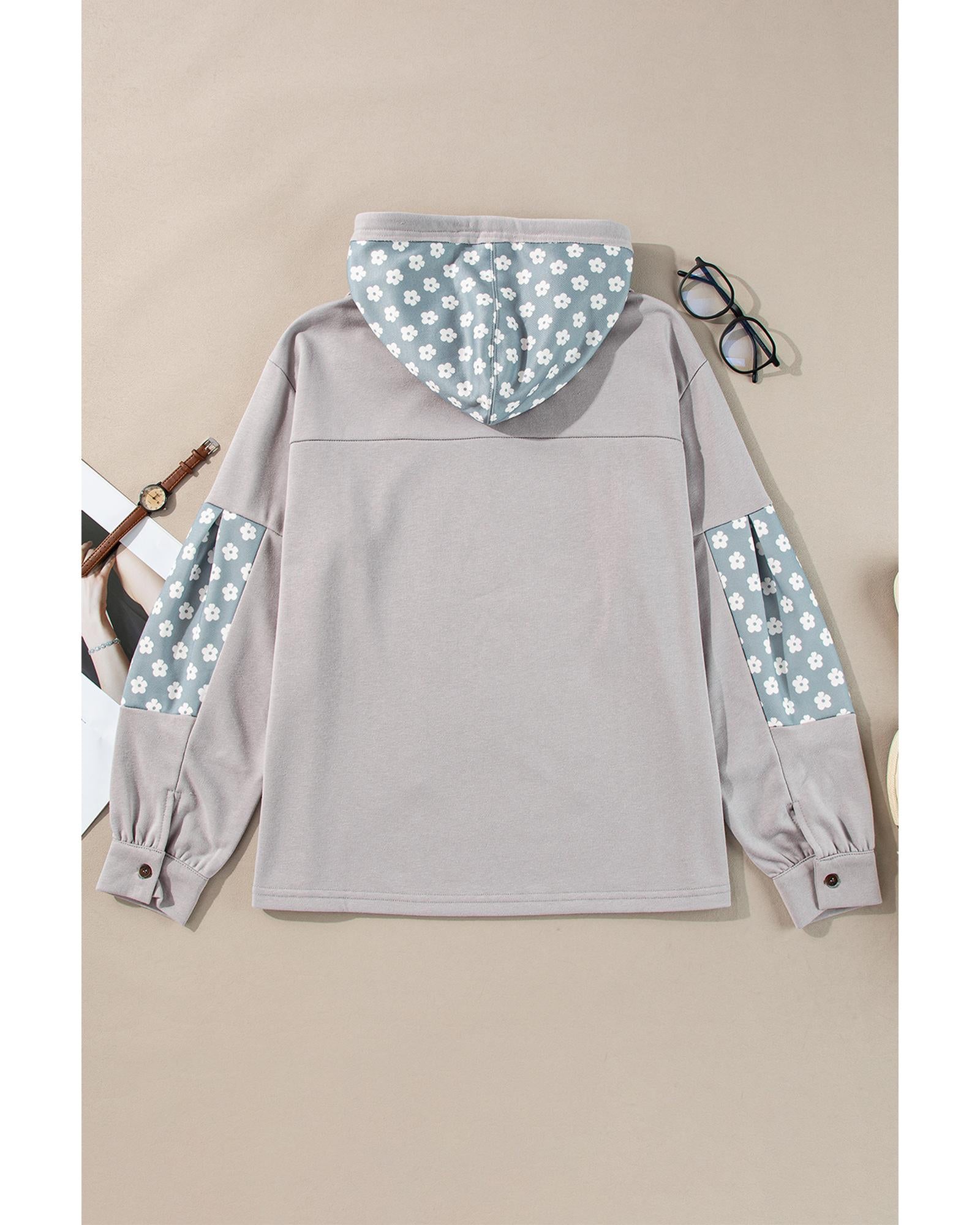 Beau Blue Floral Patchwork Star Pattern Drawstring Hoodie - L