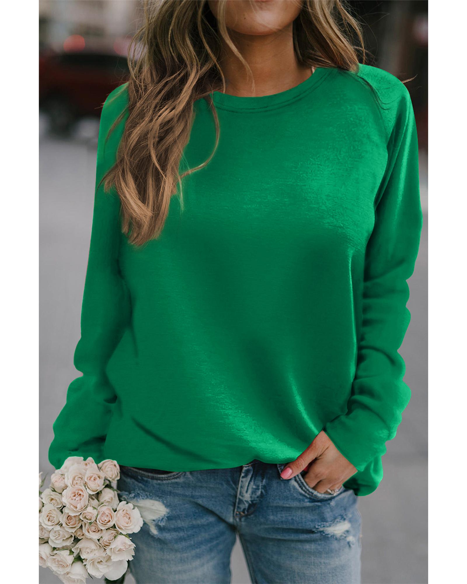 Green Solid Round Neck Raglan Sleeve Sweatshirt - S