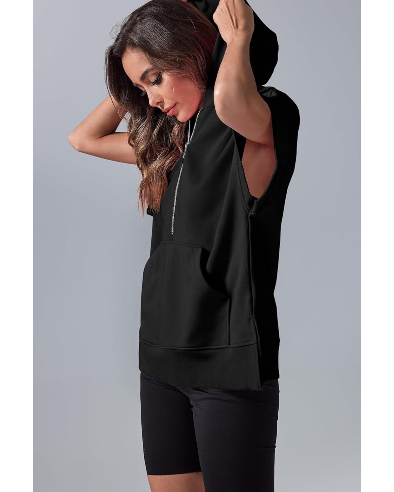 Black Half Zipper Kangaroo Pocket Short Sleeve Hoodie - L