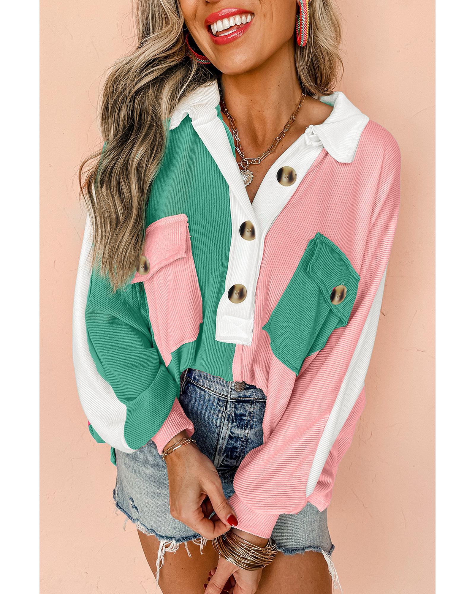 Pink Colorblock Ribbed Collared Oversized Sweatshirt - XL