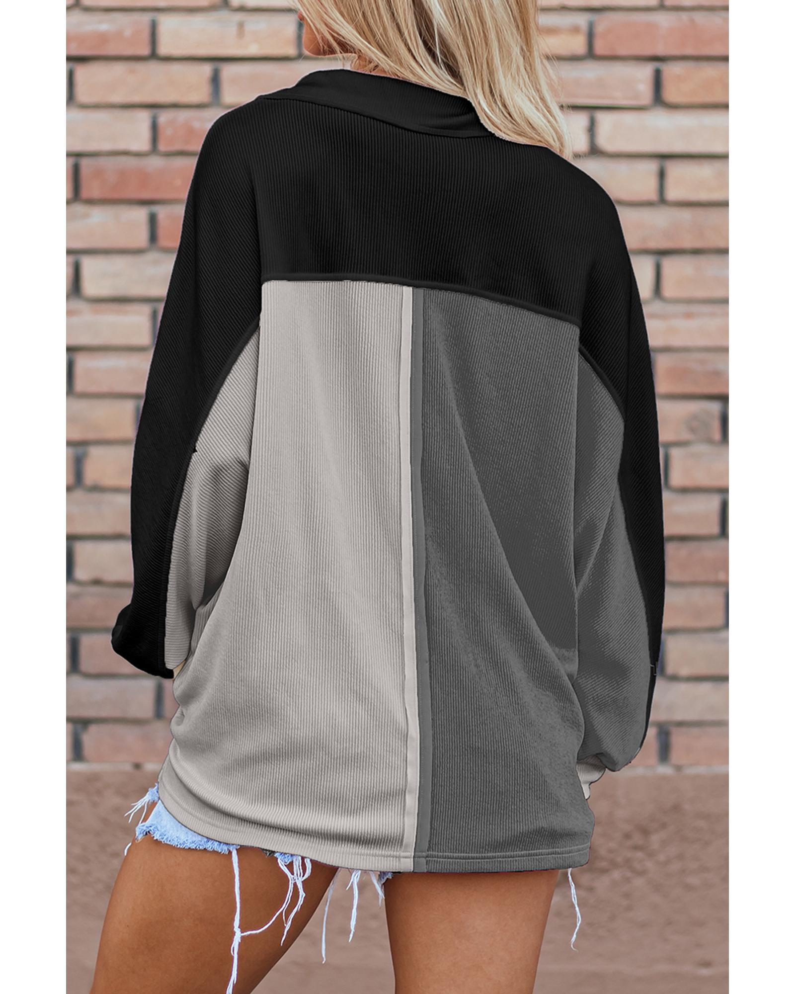 Gray Colorblock Ribbed Collared Oversized Sweatshirt - S