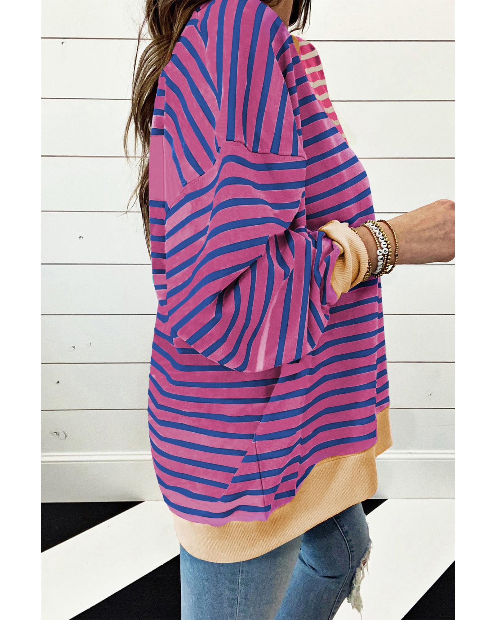 Pink Stripe Casual Stripe Colorblock Drop Shoulder Oversize Sweatshirt - 2XL