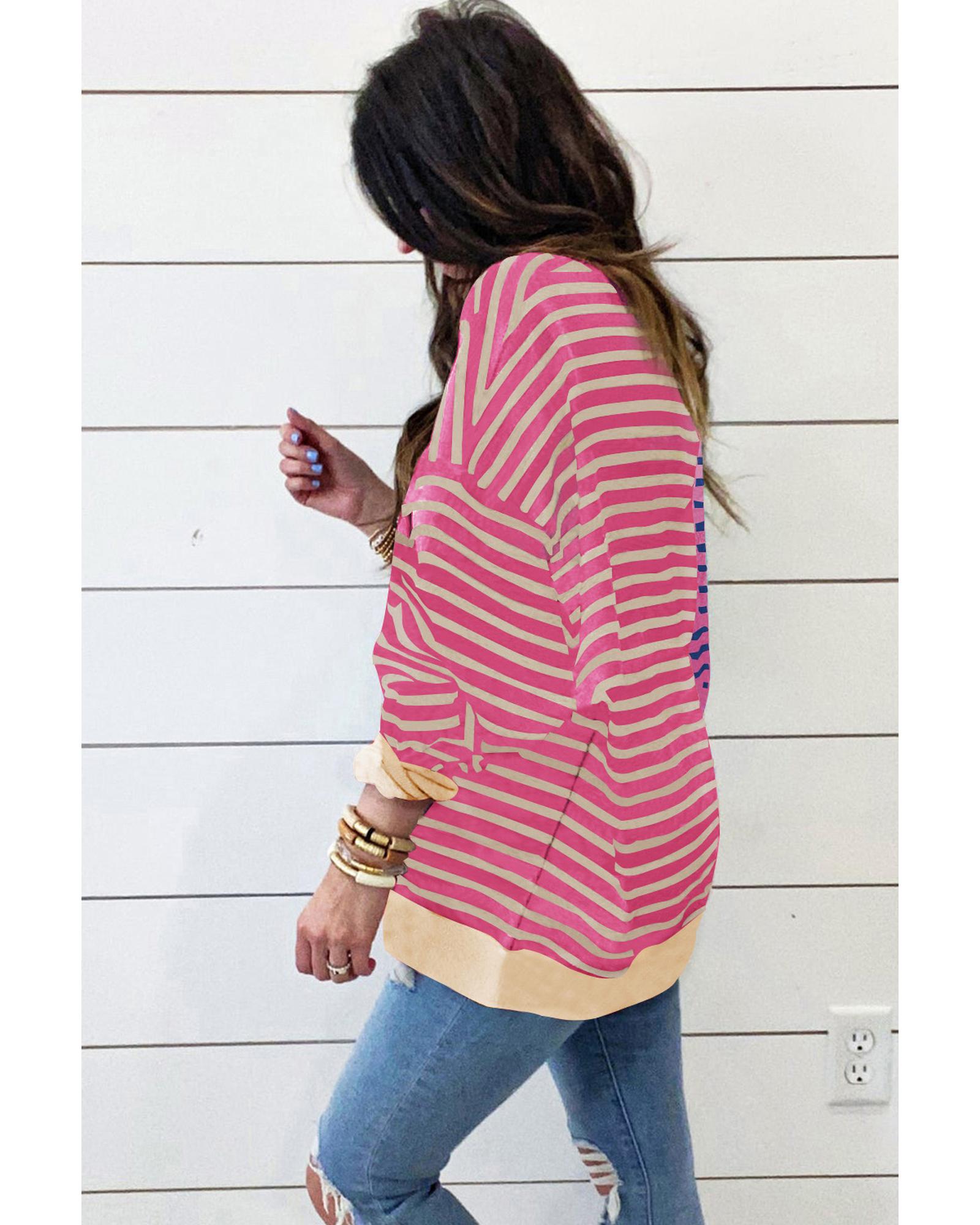 Pink Stripe Casual Stripe Colorblock Drop Shoulder Oversize Sweatshirt - 2XL