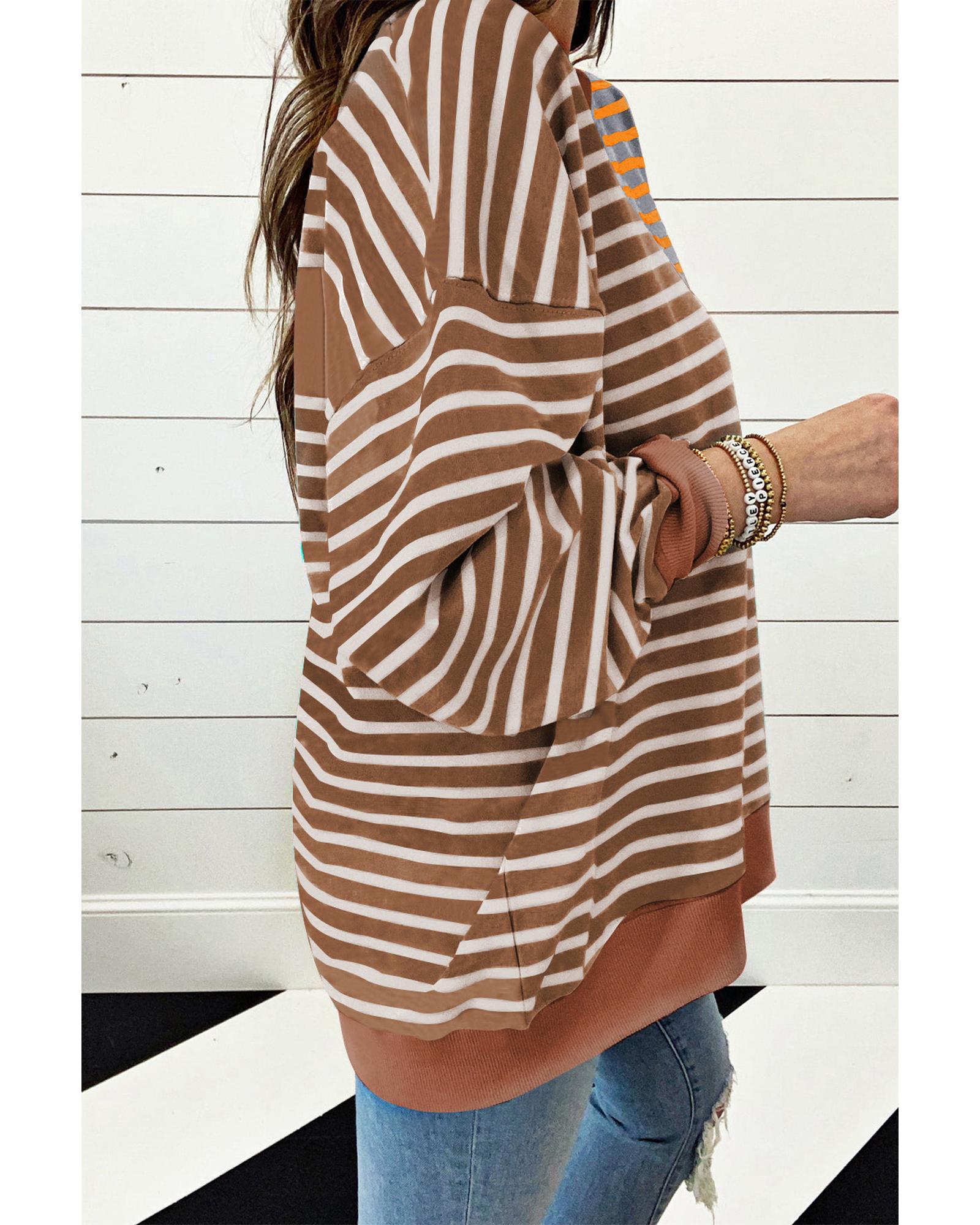 Brown Stripe Casual Stripe Colorblock Drop Shoulder Oversize Sweatshirt - L