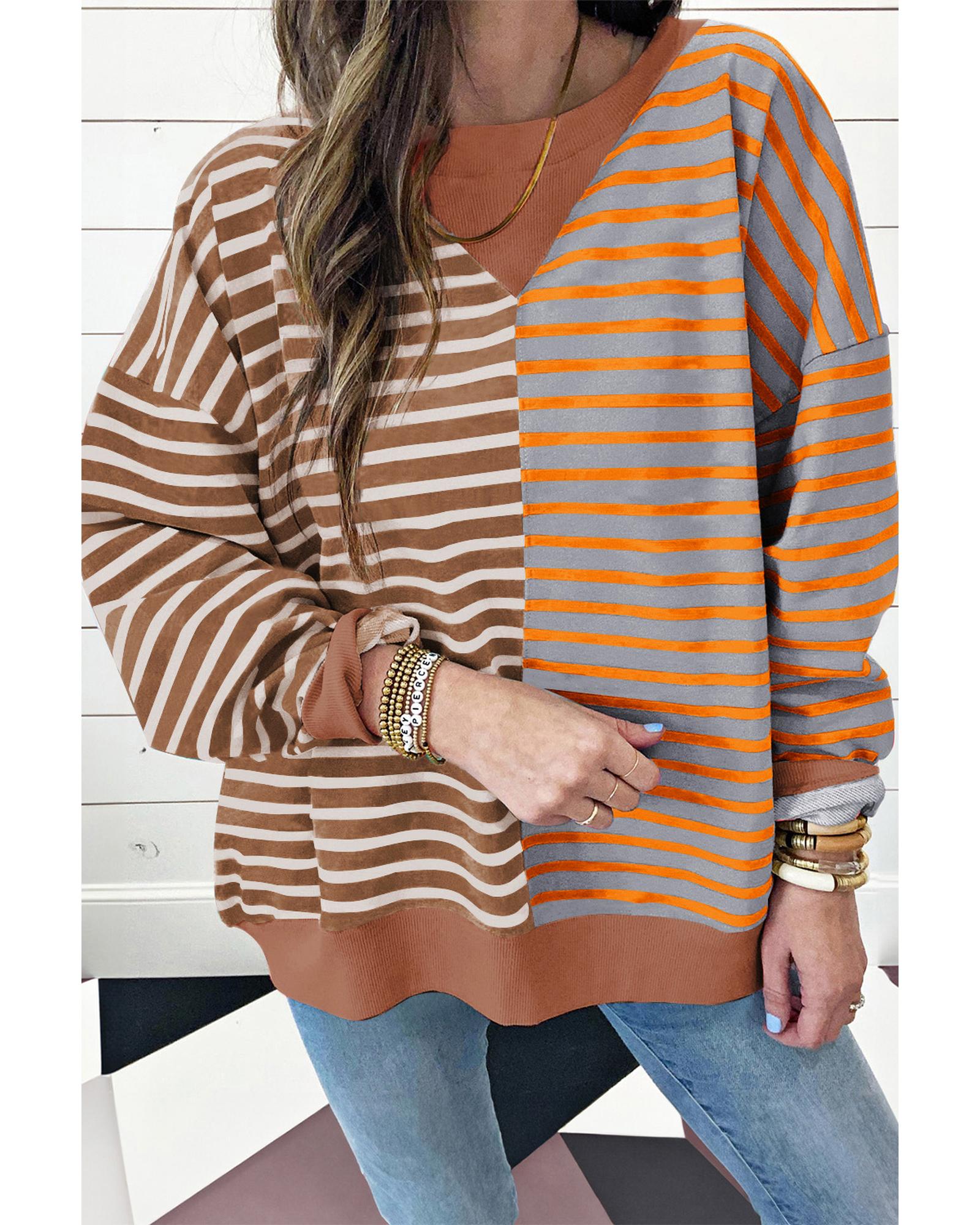 Brown Stripe Casual Stripe Colorblock Drop Shoulder Oversize Sweatshirt - M