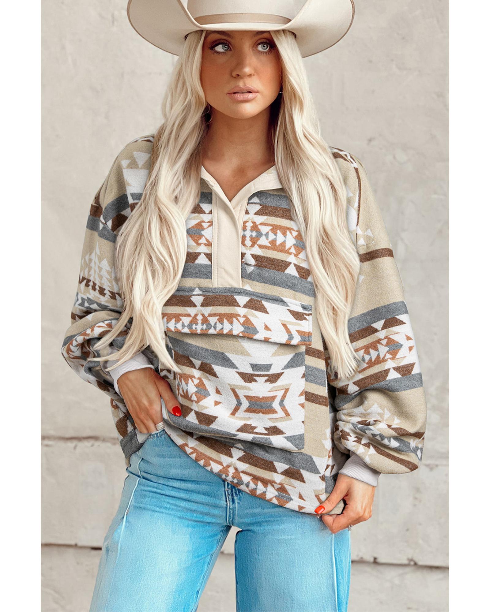Apricot Aztec Print Collared Flap Pocket Sweatshirt - 2XL