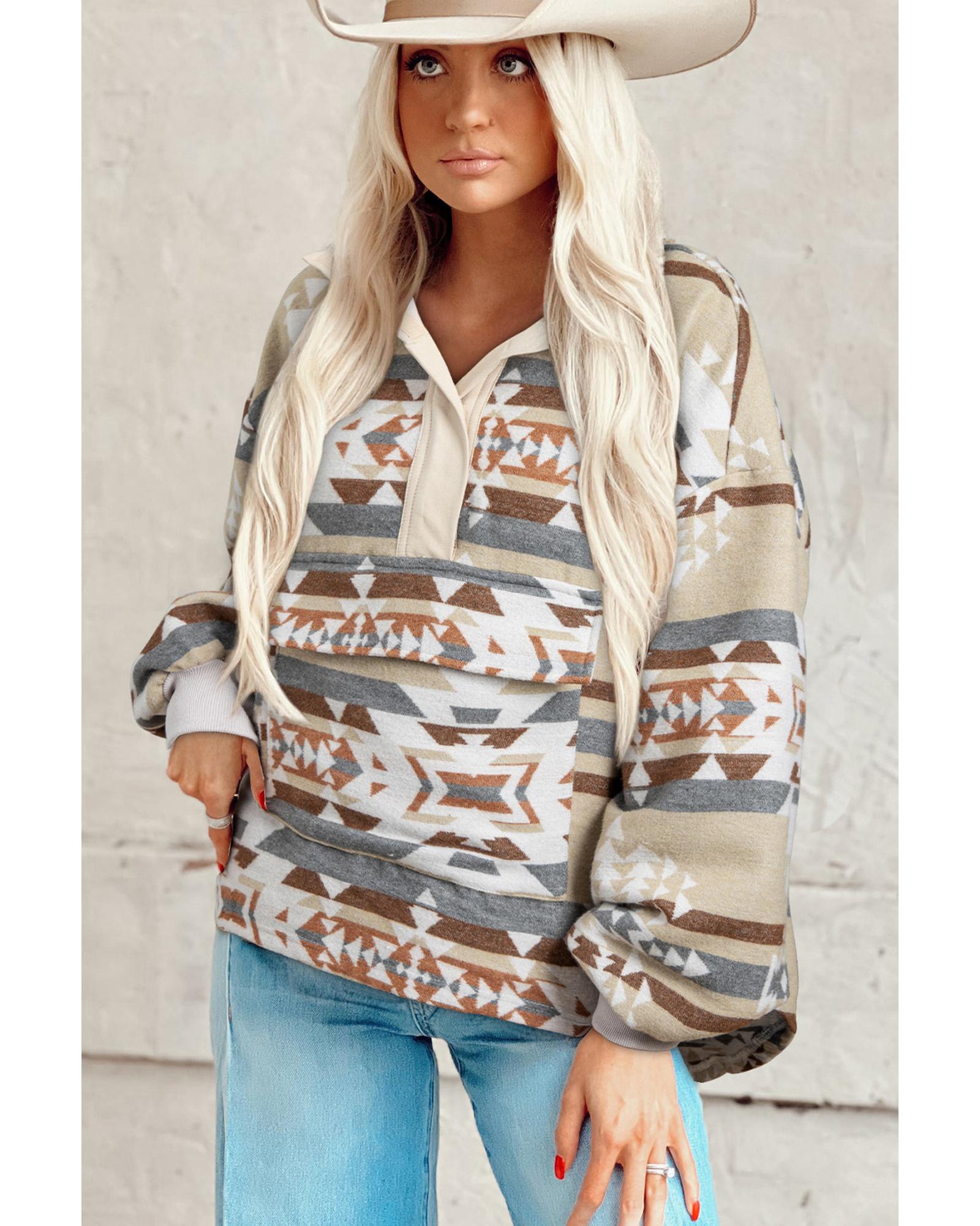 Apricot Aztec Print Collared Flap Pocket Sweatshirt - 2XL