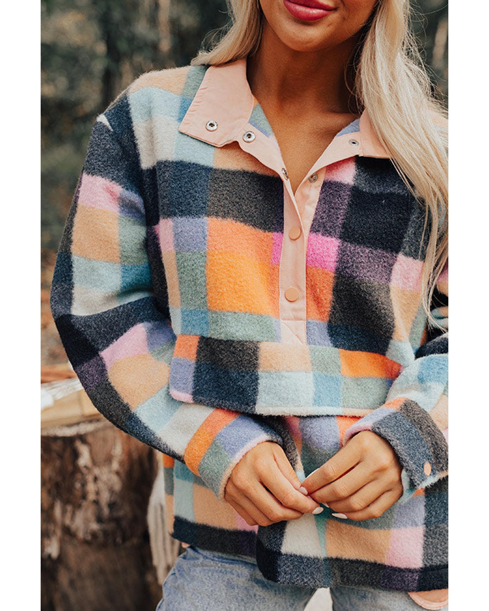 Black Plaid Print Pocketed Half Button Collared Sweatshirt - M