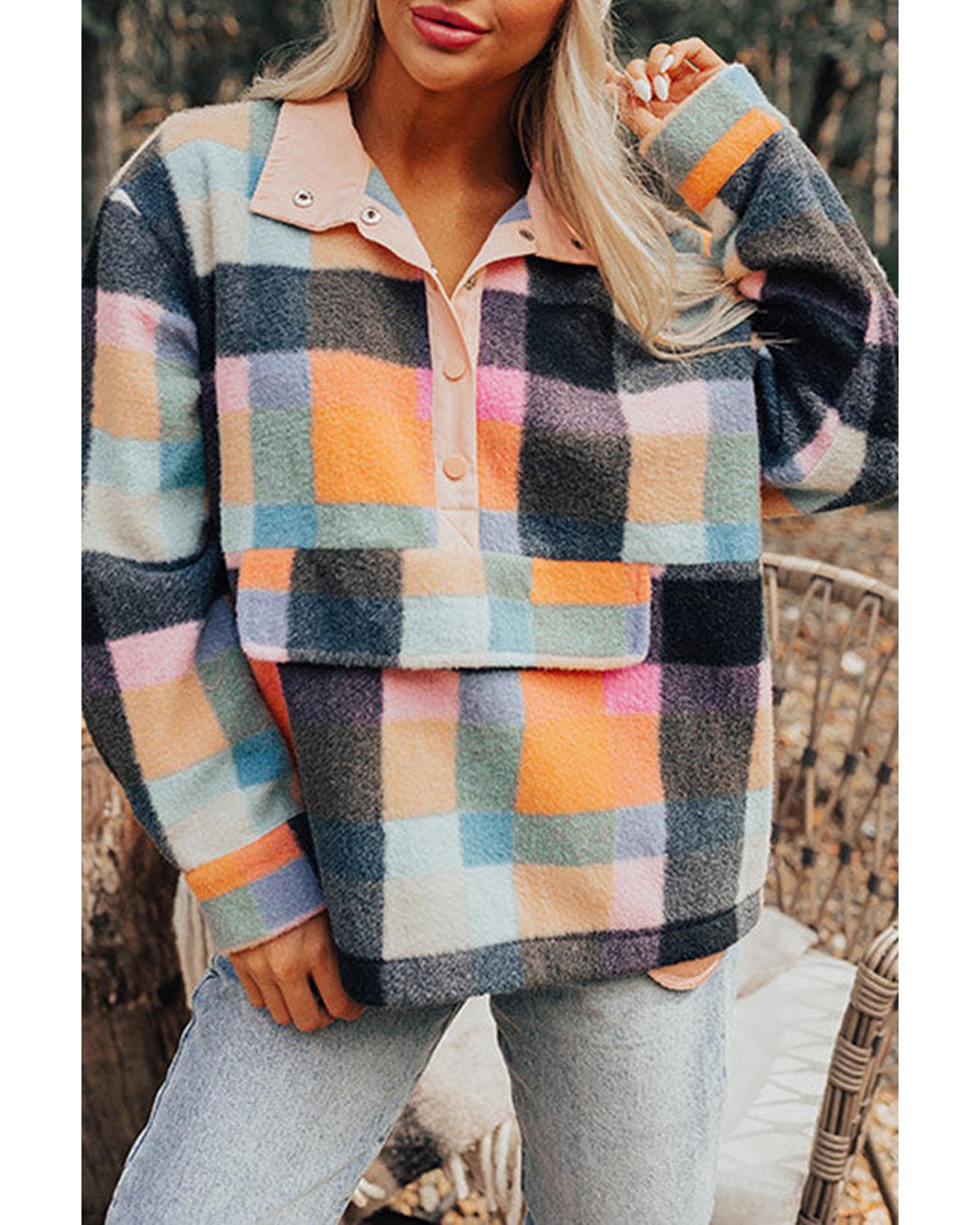 Black Plaid Print Pocketed Half Button Collared Sweatshirt - M