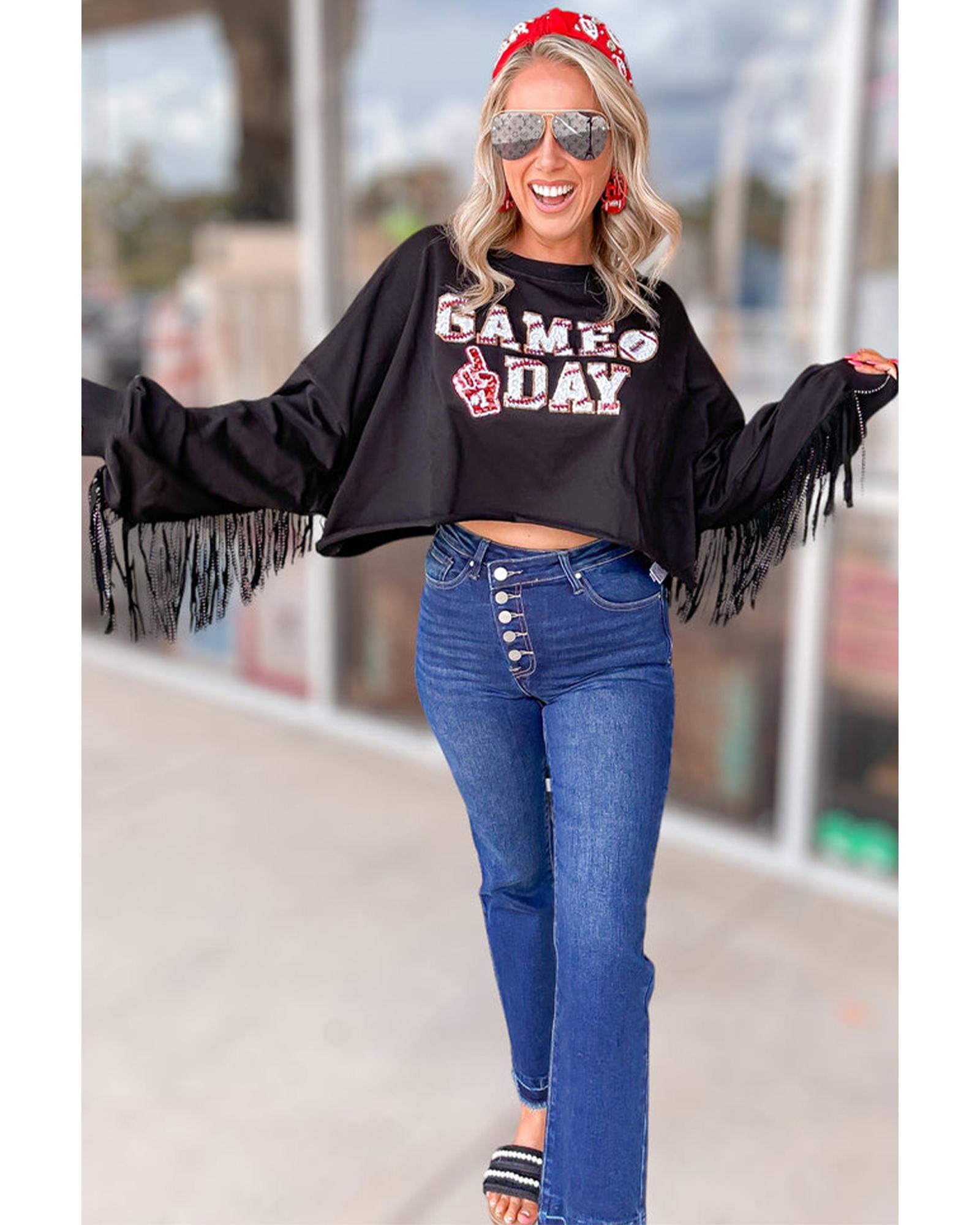 Black GAME DAY Rugby Sequined Tasseled Cropped Sweatshirt - L