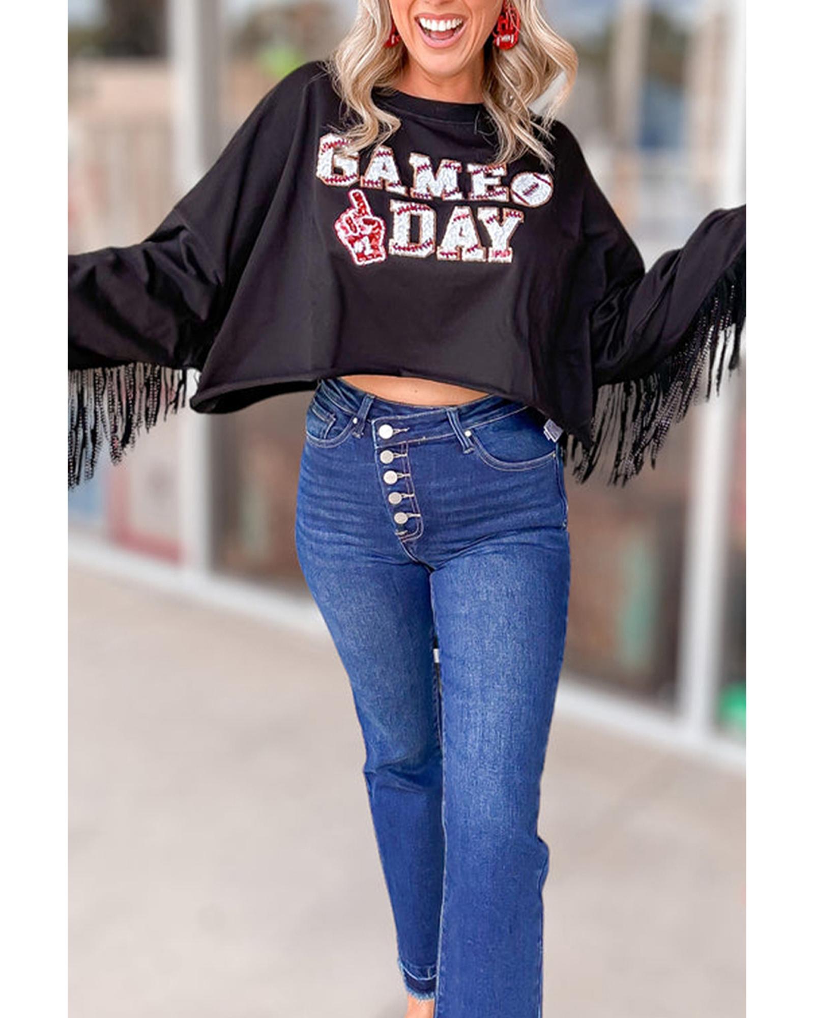 Black GAME DAY Rugby Sequined Tasseled Cropped Sweatshirt - L