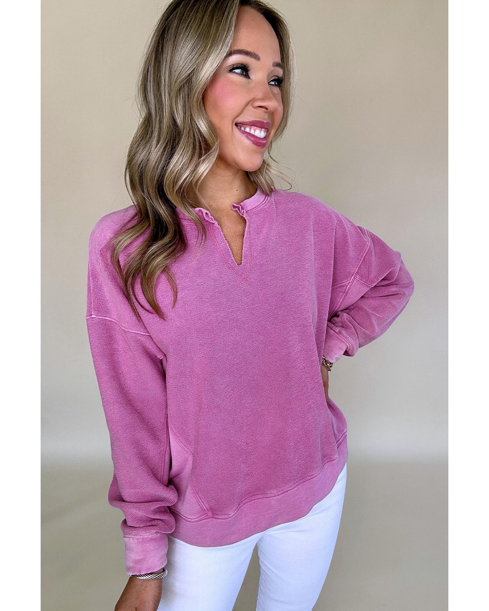 Bright Pink Solid Color Notched Neck Drop Shoulder Sweatshirt - S