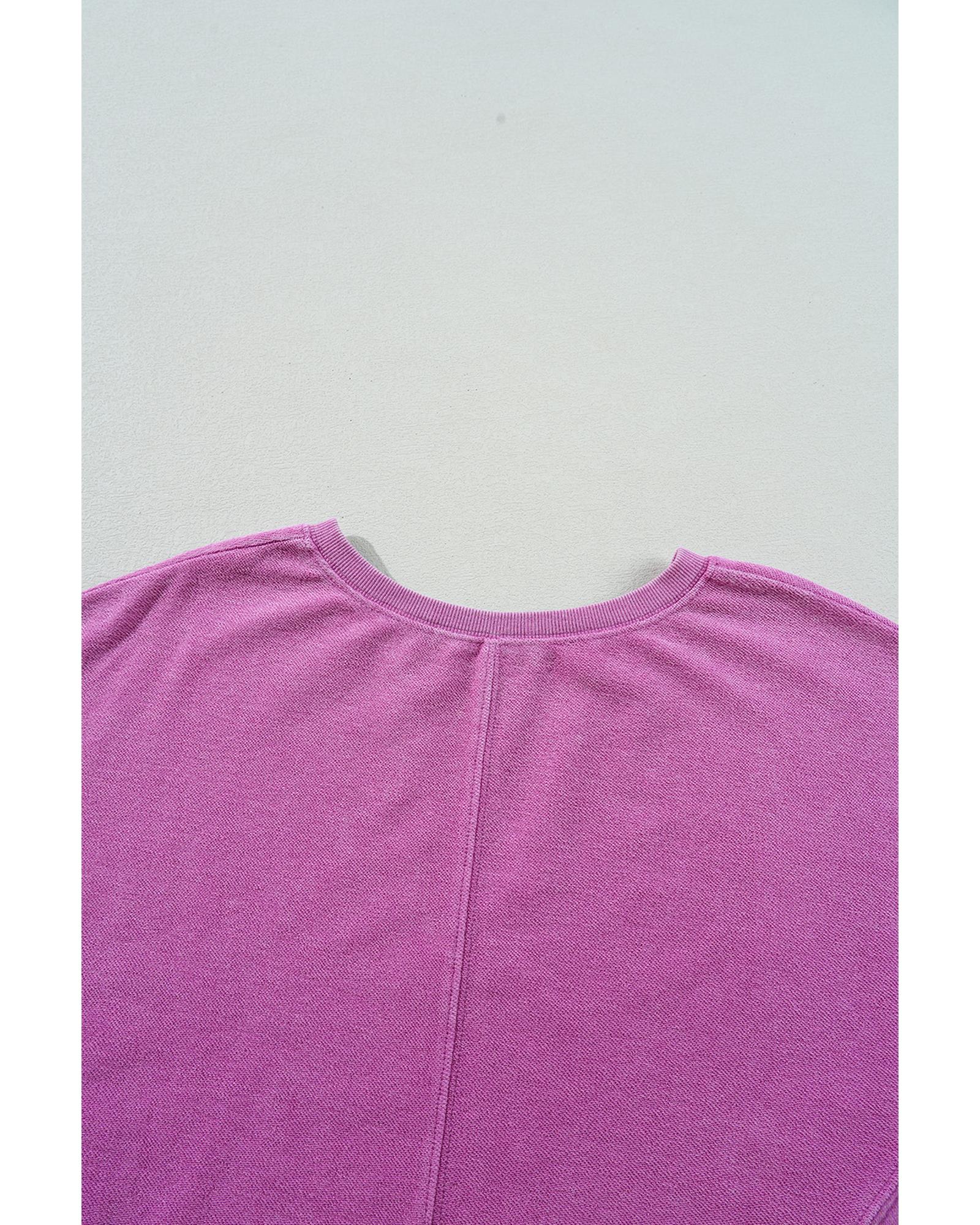 Bright Pink Solid Color Notched Neck Drop Shoulder Sweatshirt - S