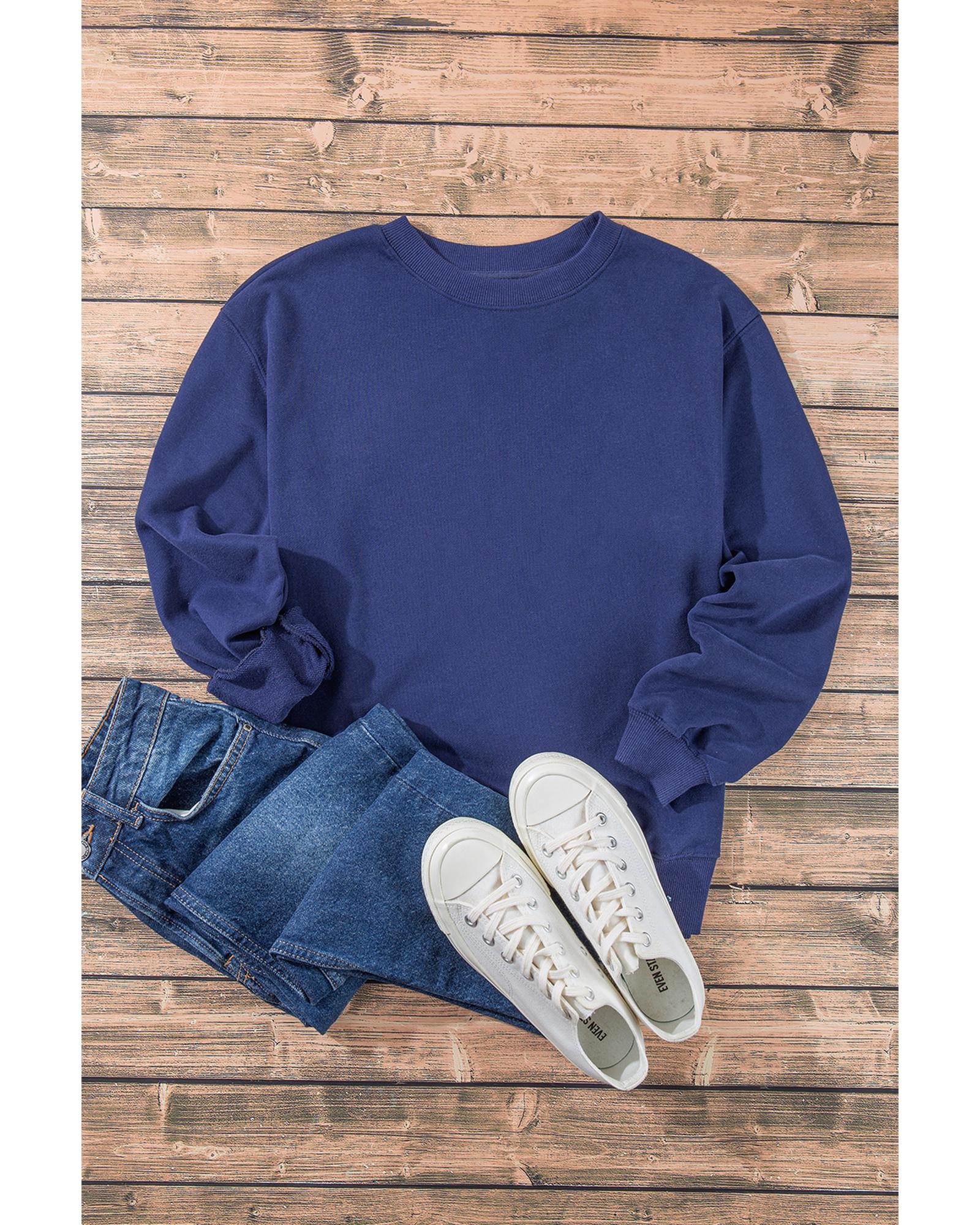Navy Blue Plain Drop Shoulder Crewneck Pullover Sweatshirt - XL