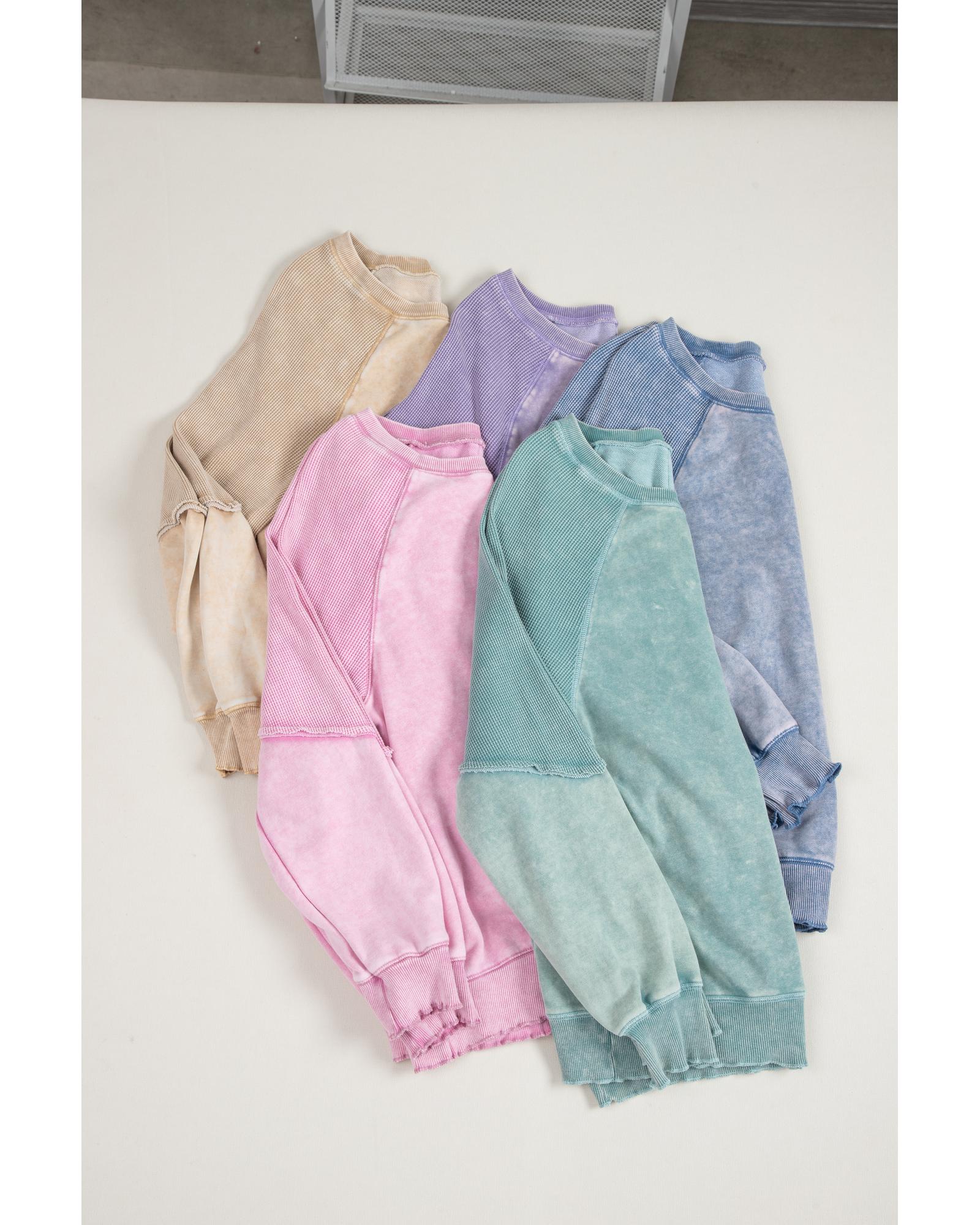 Light French Beige Solid Waffle Knit Patchwork Raglan Sleeve Sweatshirt - S