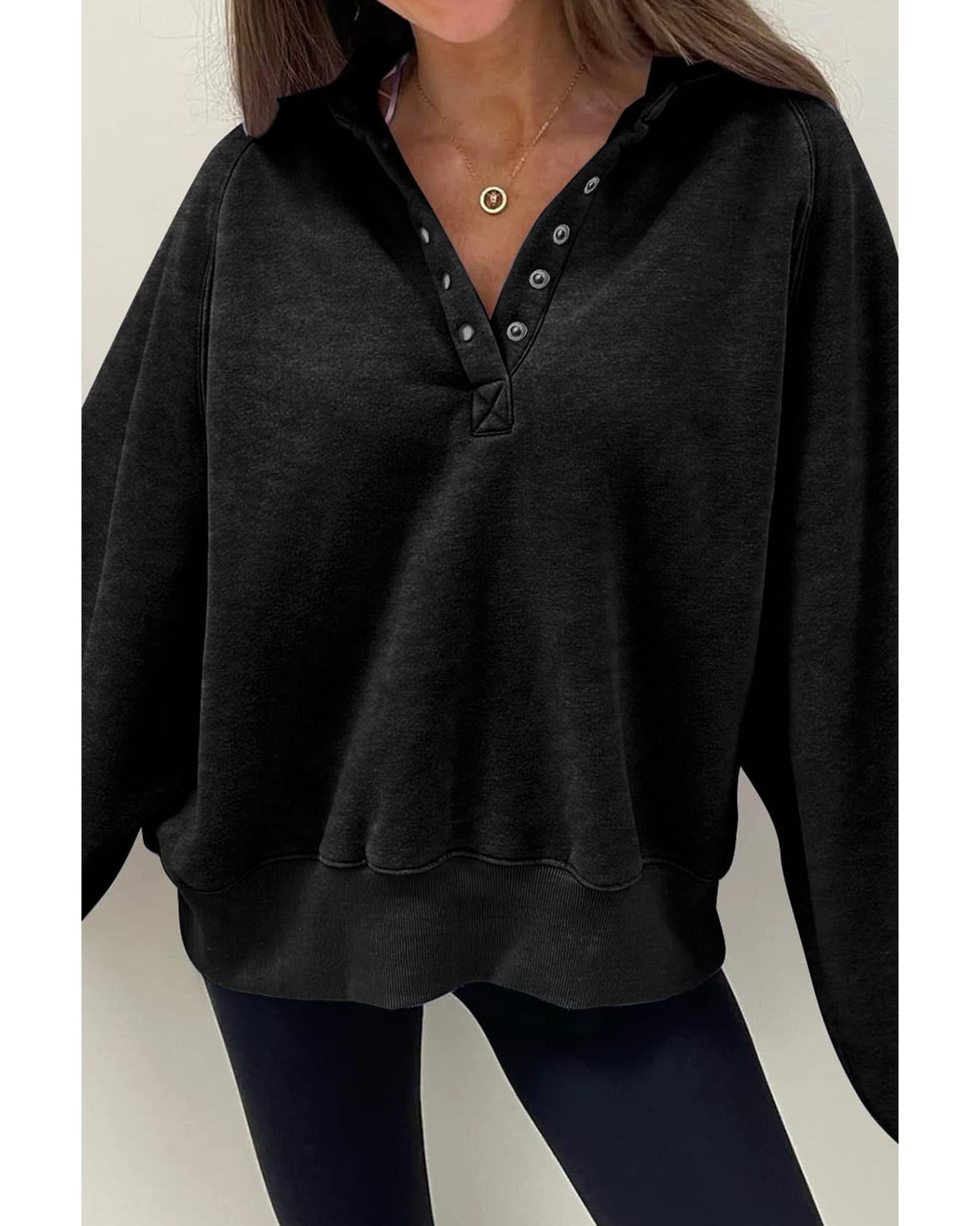Black Solid Snap Buttons Collared Balloon Sleeve Oversized Sweatshirt - XL