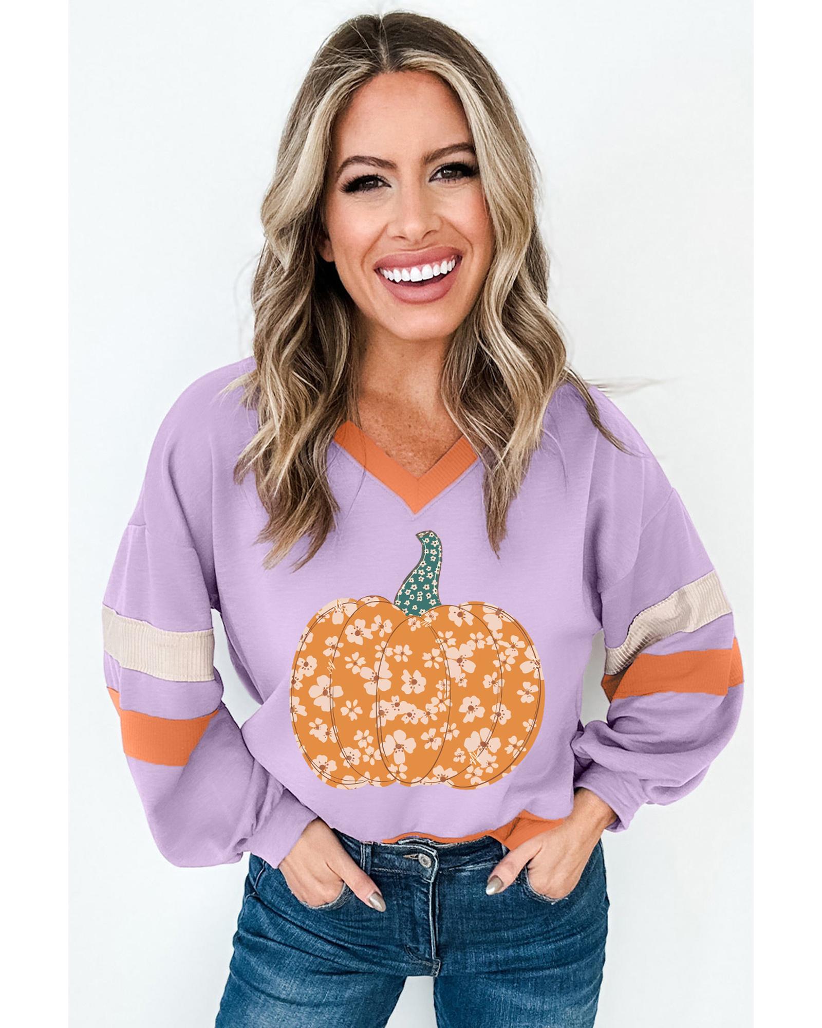 Orchid Bouquet Halloween Floral Pumpkin Color Block V Neck Sweatshirt - XL