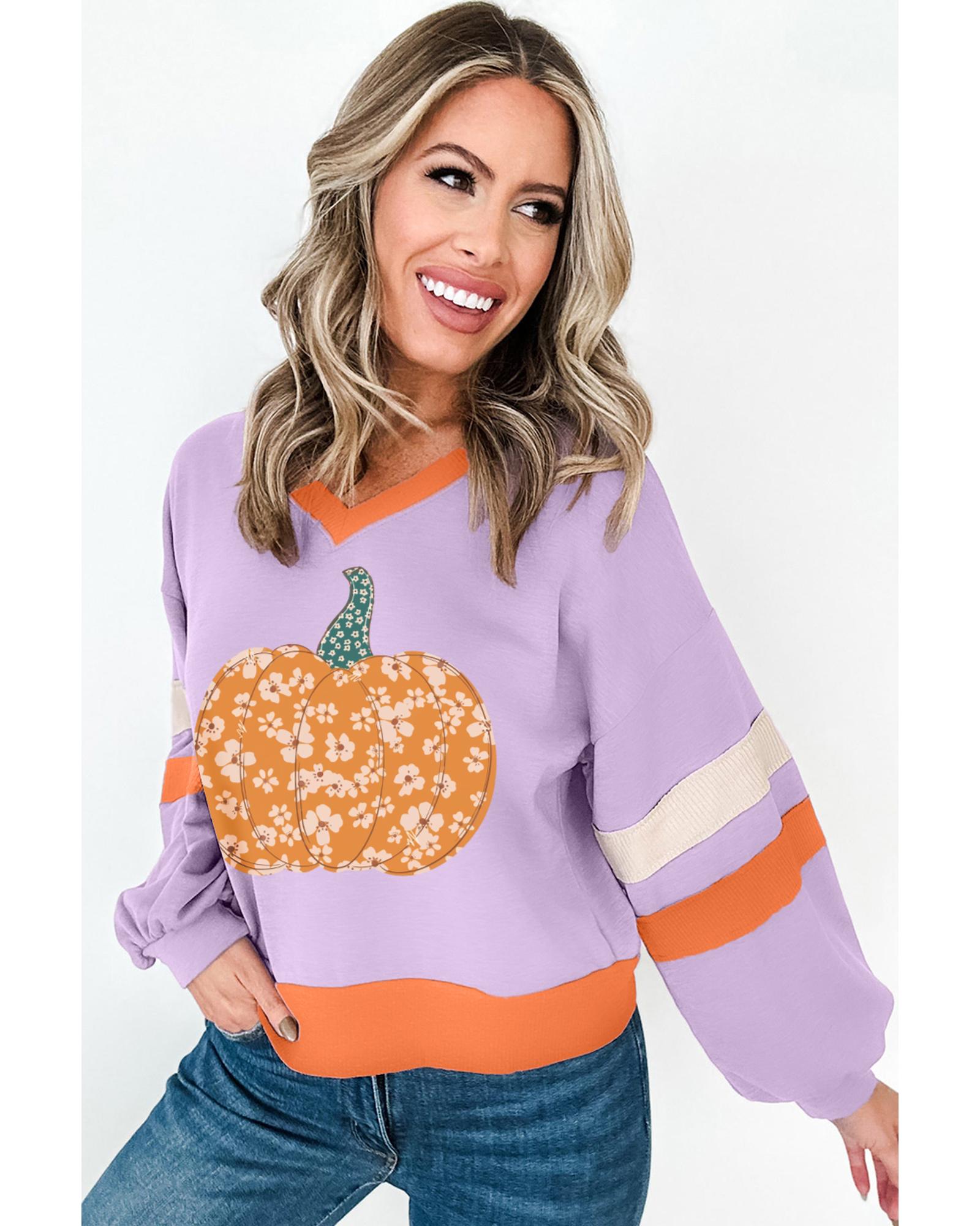 Orchid Bouquet Halloween Floral Pumpkin Color Block V Neck Sweatshirt - XL