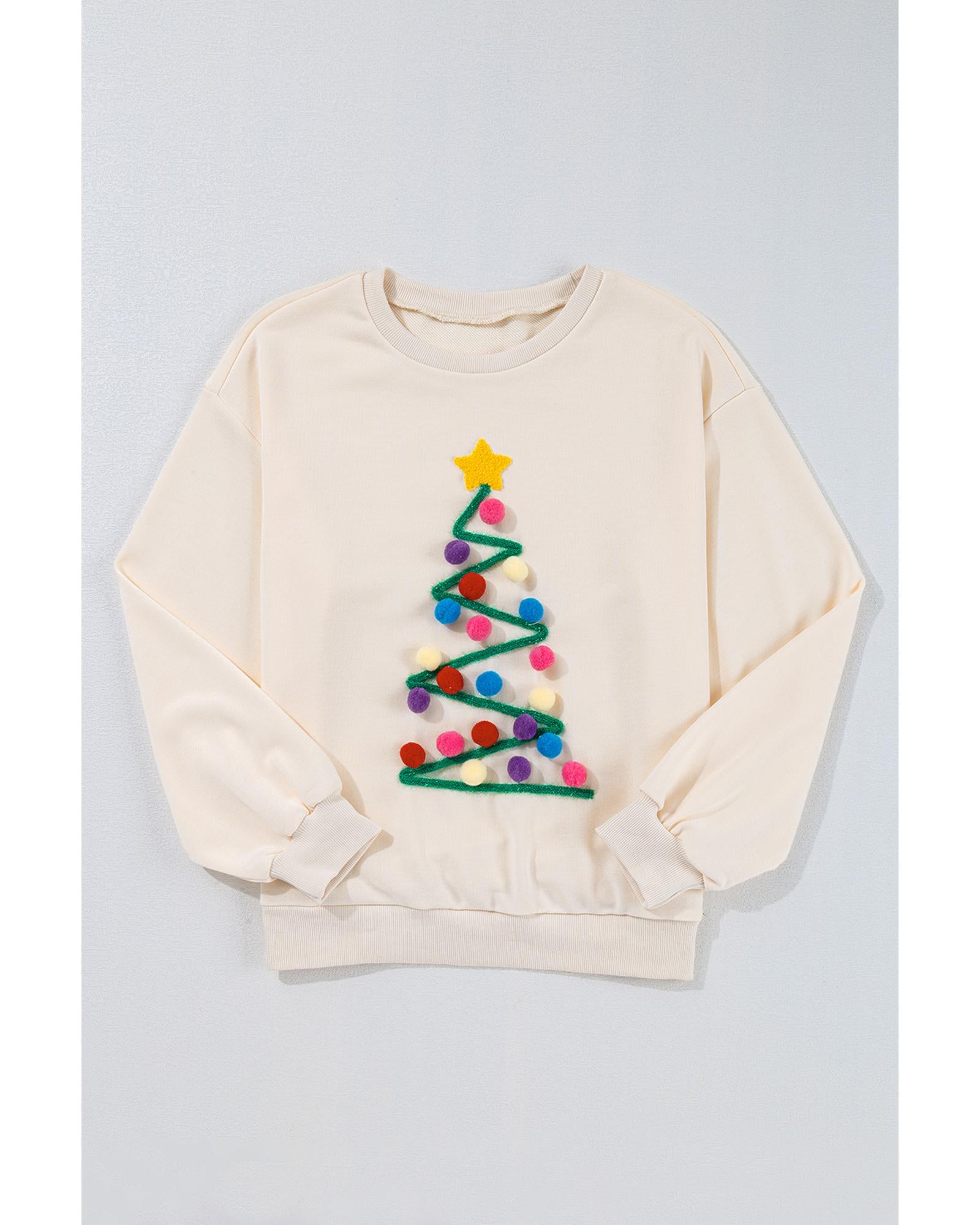 Beige Pom-Pom Christmas Tree Pattern O Neck Sweatshirt - L