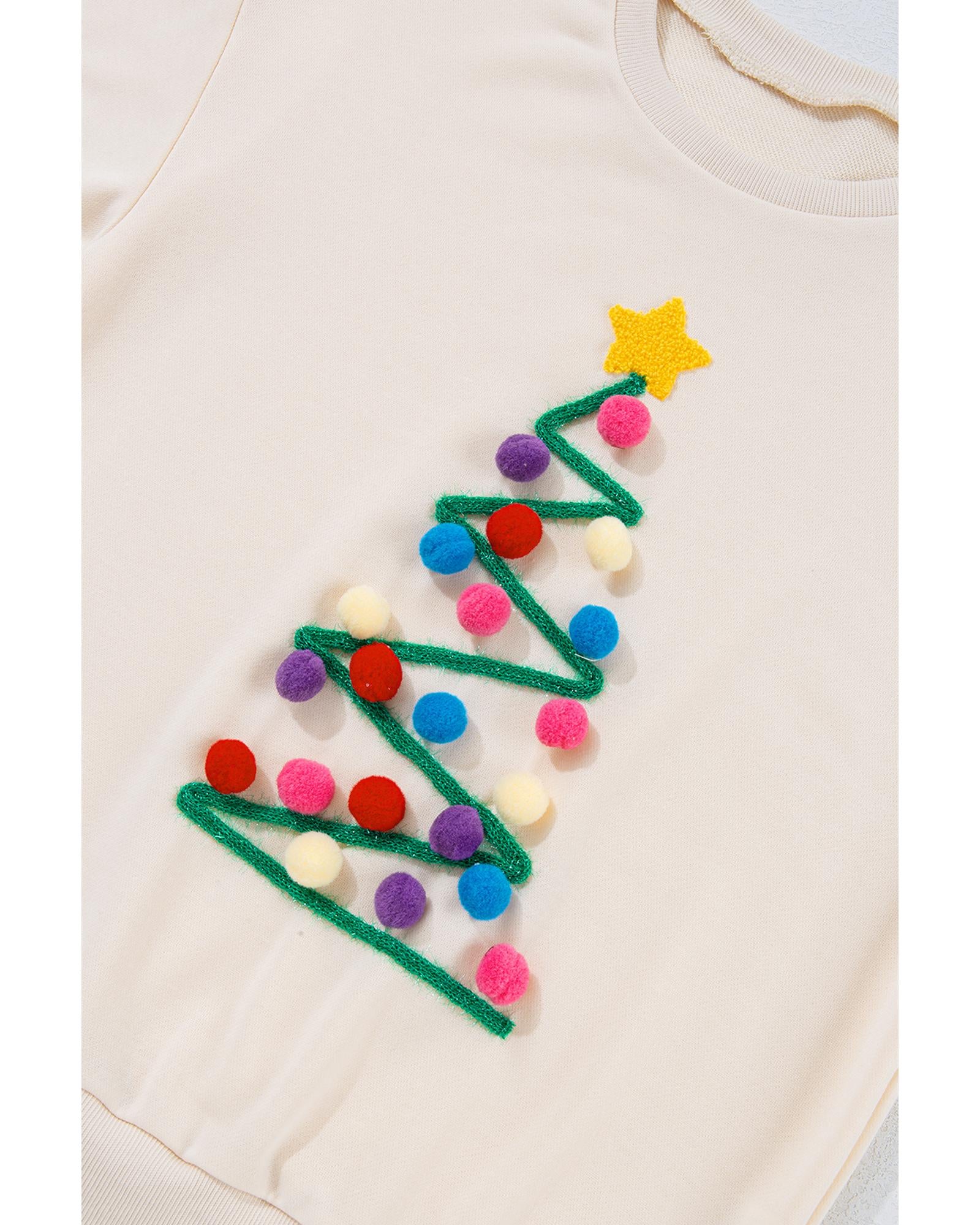 Beige Pom-Pom Christmas Tree Pattern O Neck Sweatshirt - L